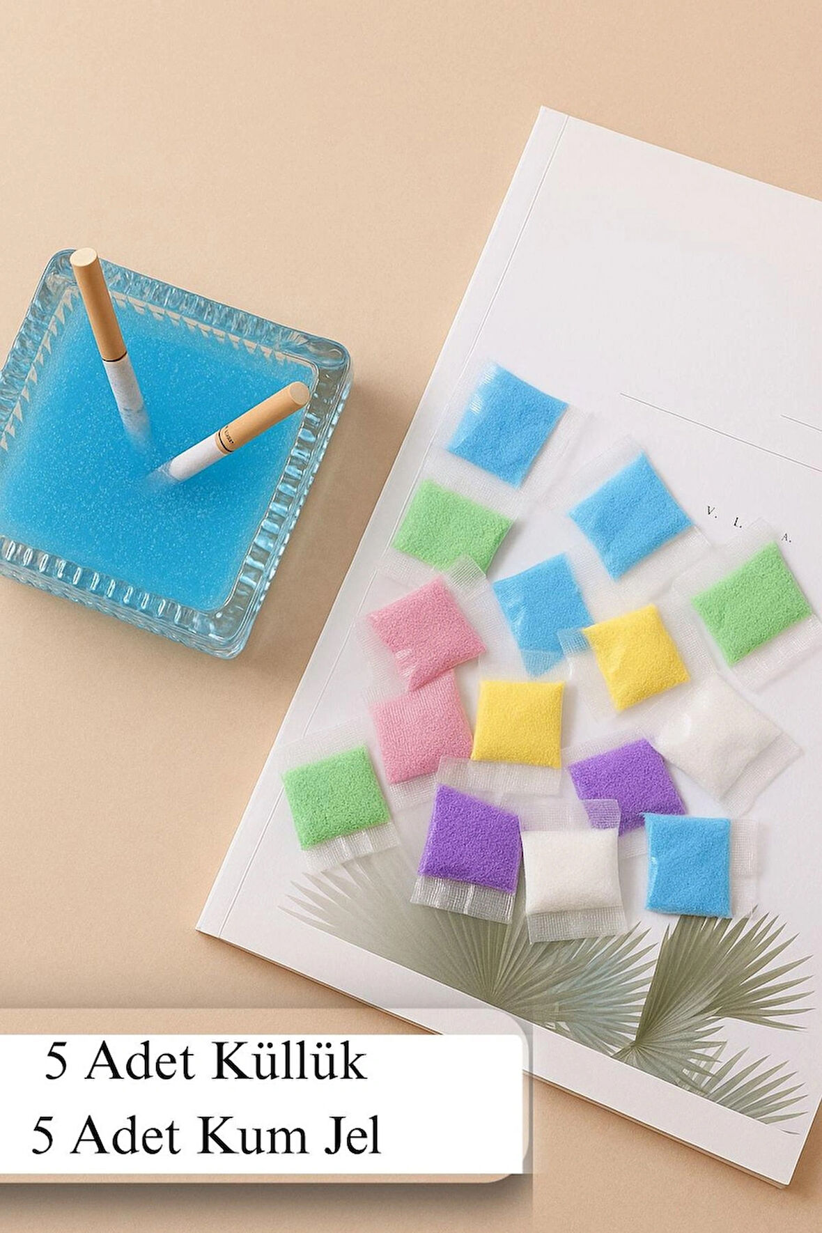 Plastik Kül Tablası + Renkli Sigara Söndürme Jel Kum Seti – 5’li Küllük & 5’li Jel Kum