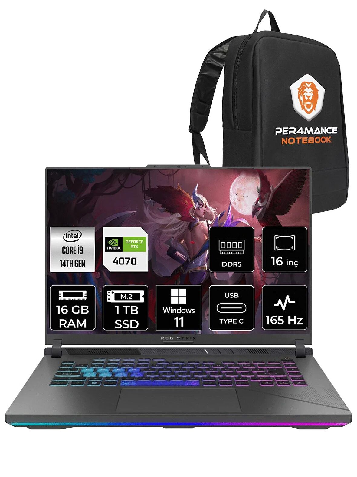 ASUS ROG Strix G16 i9-14900HX 16GB 1TB SSD RTX4070/8GB 165HZ 16" WUXGA W11P N3088 & PER4 ÇANTA