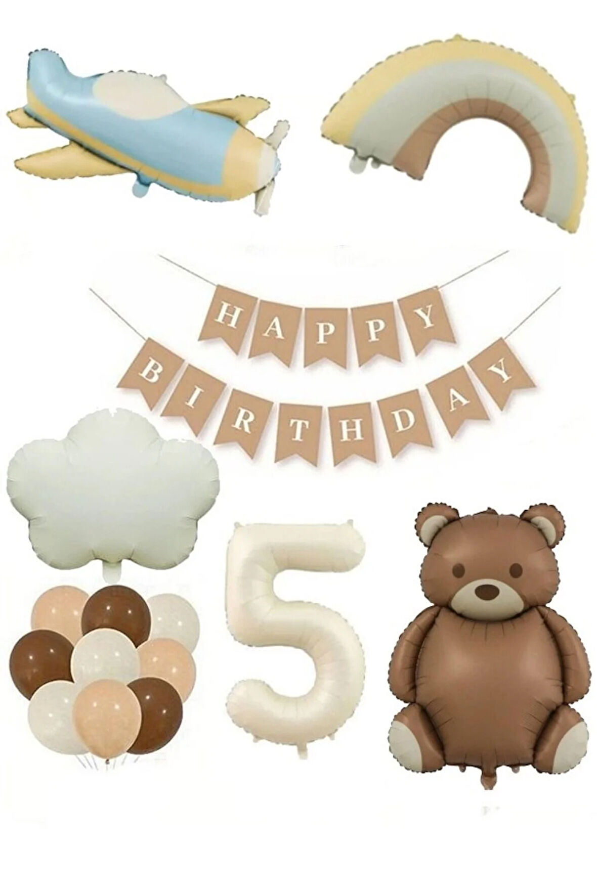 Retro Doğum Günü Seti; Krem Rakam Folyo, Banner gökkuşağı bulut ayı doğum günü balon set
