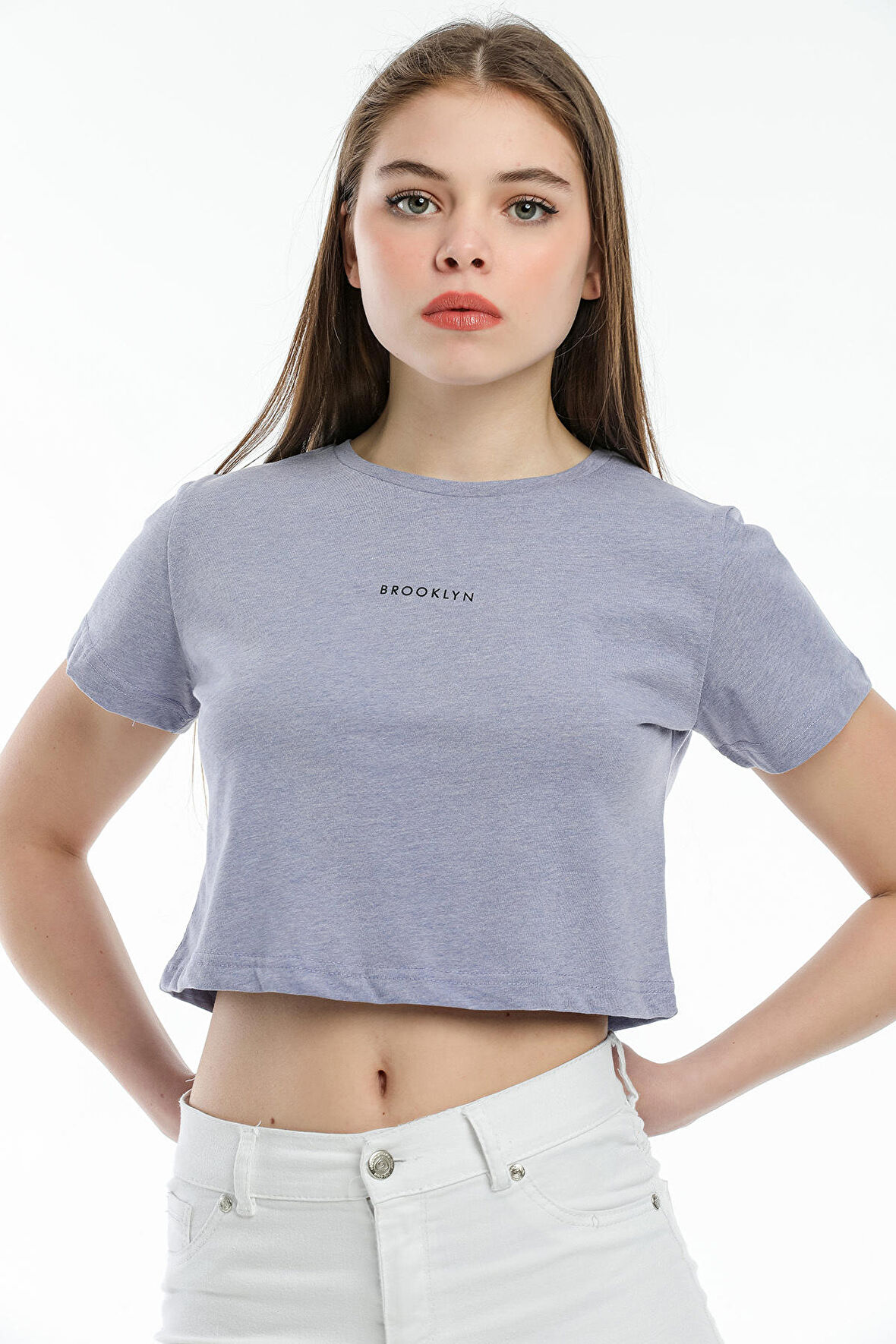 SPR21Y14 Crop Örme Brookyn Baskılı T-Shirt