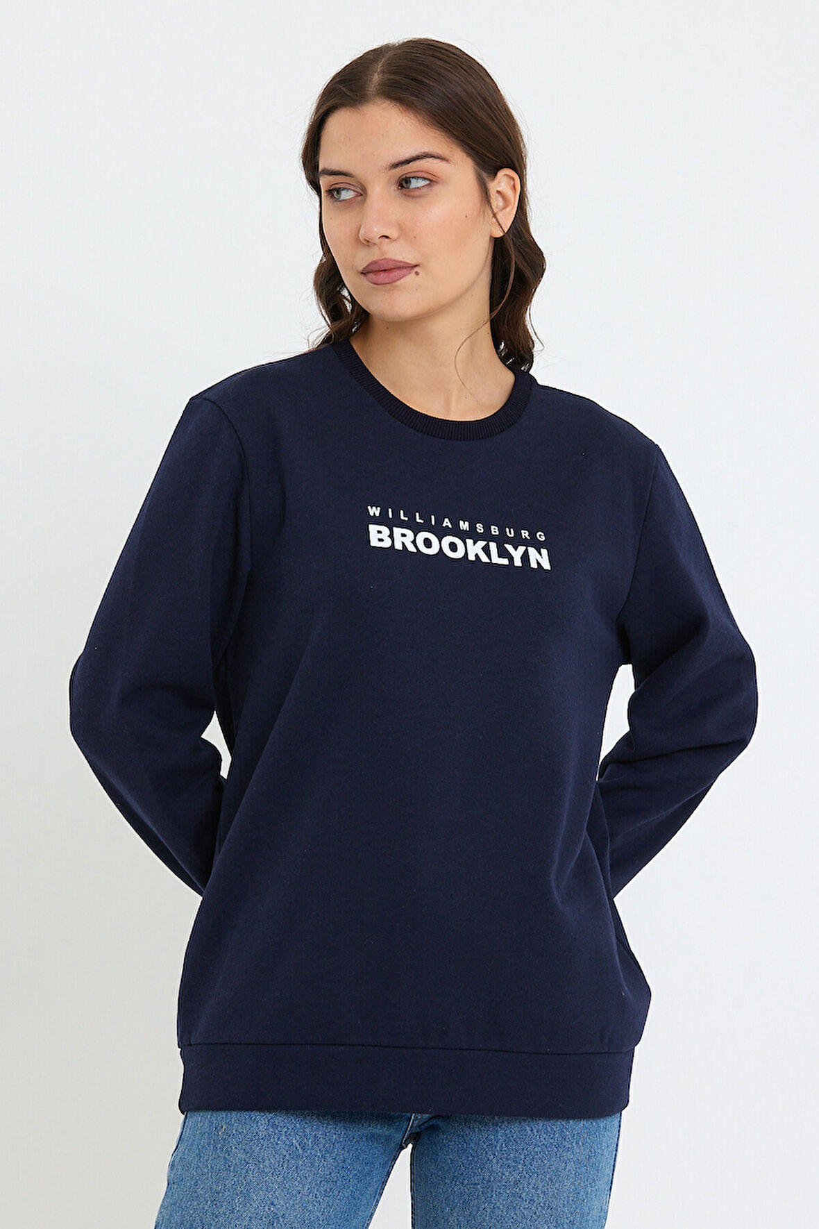 Süperlife Kadın Bisiklet Yaka Oversize Fit Brooklyn Baskılı İnce Sweatshirt SPR23SWK330