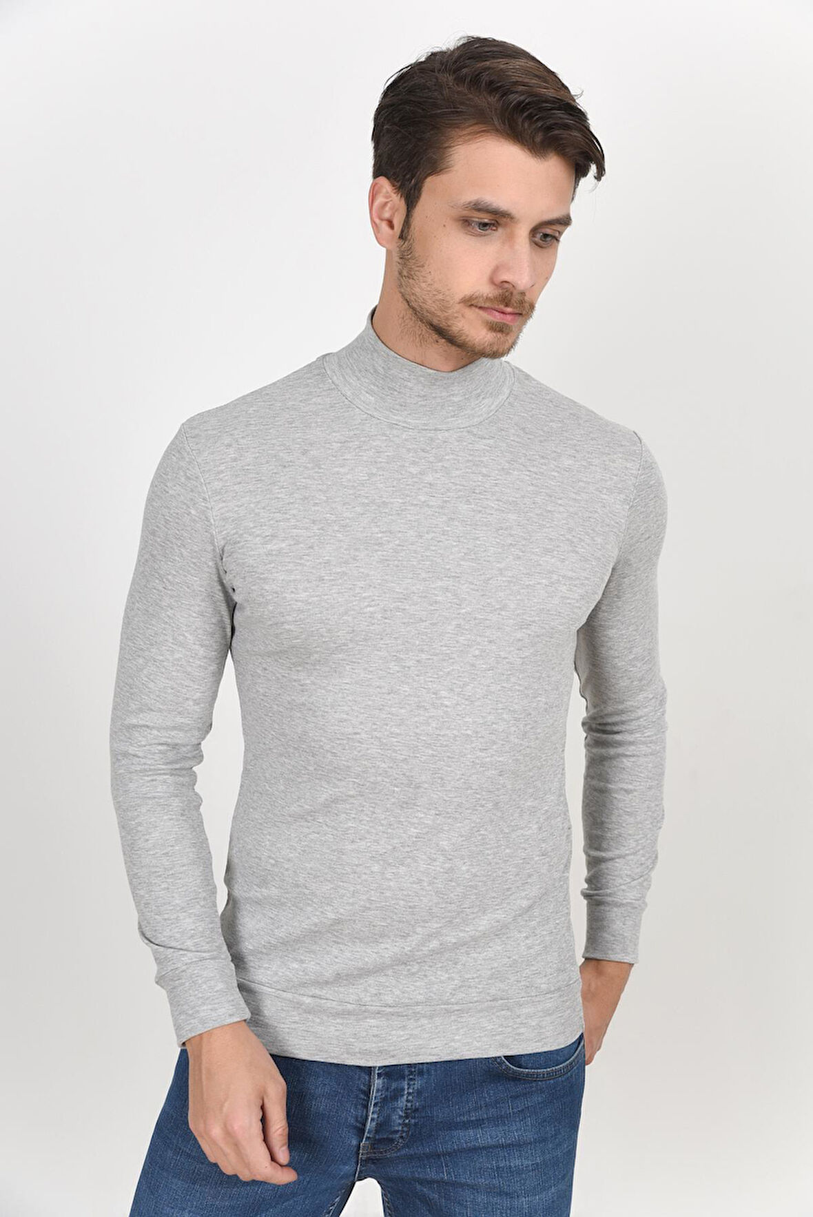 Süperlife Balıkcı Yaka Uzun Kollu Dar Kalıp İnce Erkek Sweatshirt SPR 2019K21