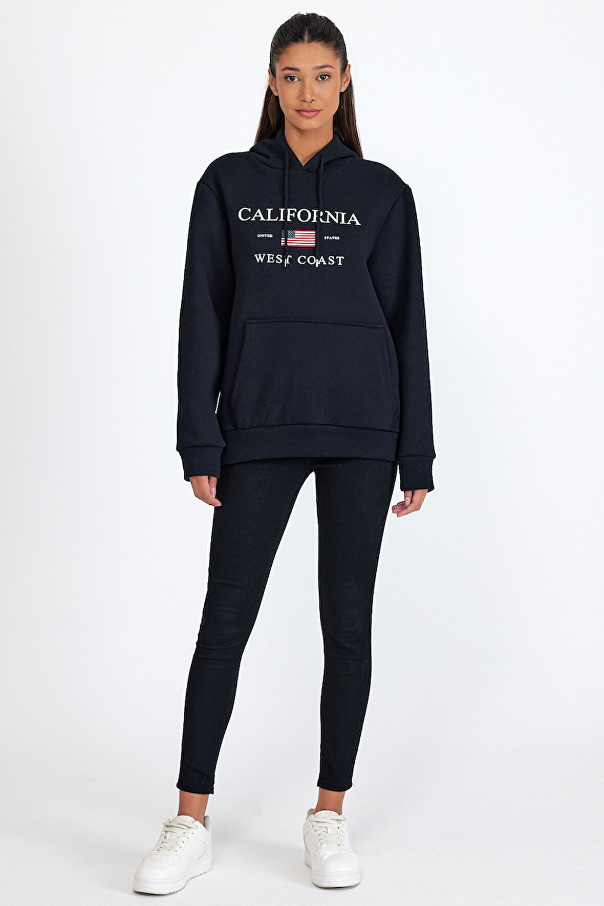 Süperlife Kadın Kapşonlu Rahat Kalıp İçi Polarlı 3 iplik Kanguru Cepli Amerikan Baskılı Swetashırt spr24swk01