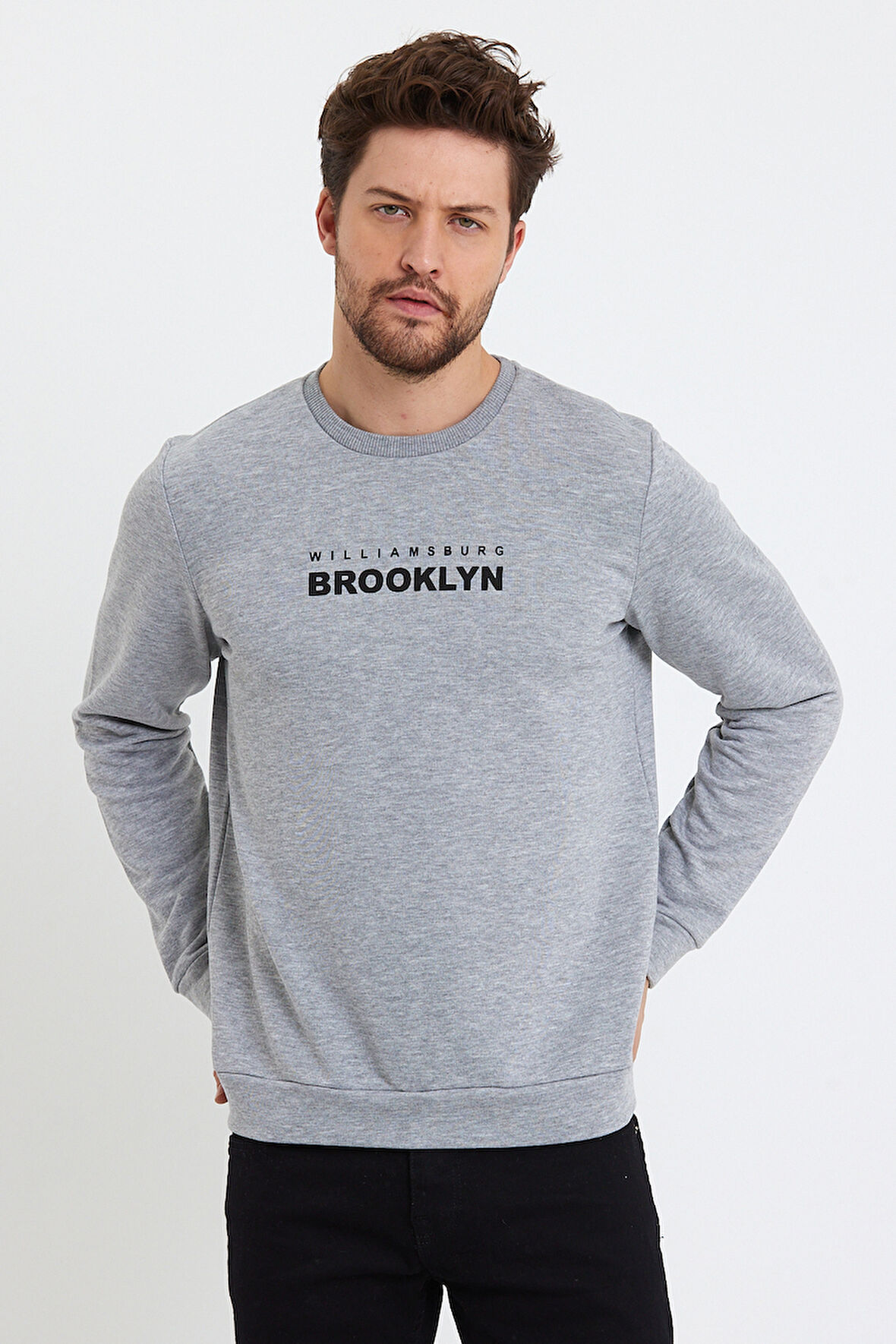 Süperlife Erkek Bisiklet Yaka 3 iplik Kalın Brooklyn Baskılı Sweatshirt SPR24sw29