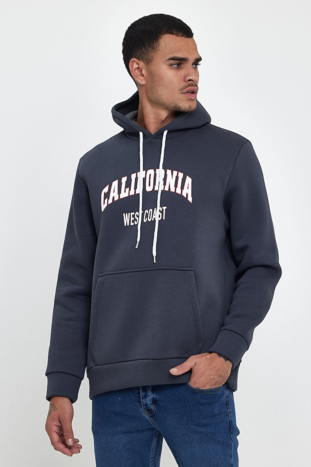 Süperlife Erkek Kapşonlu Rahat Kalıp İçi Polarlı 3 iplik Californıa West Baskılı Swetashırt spr24sw08
