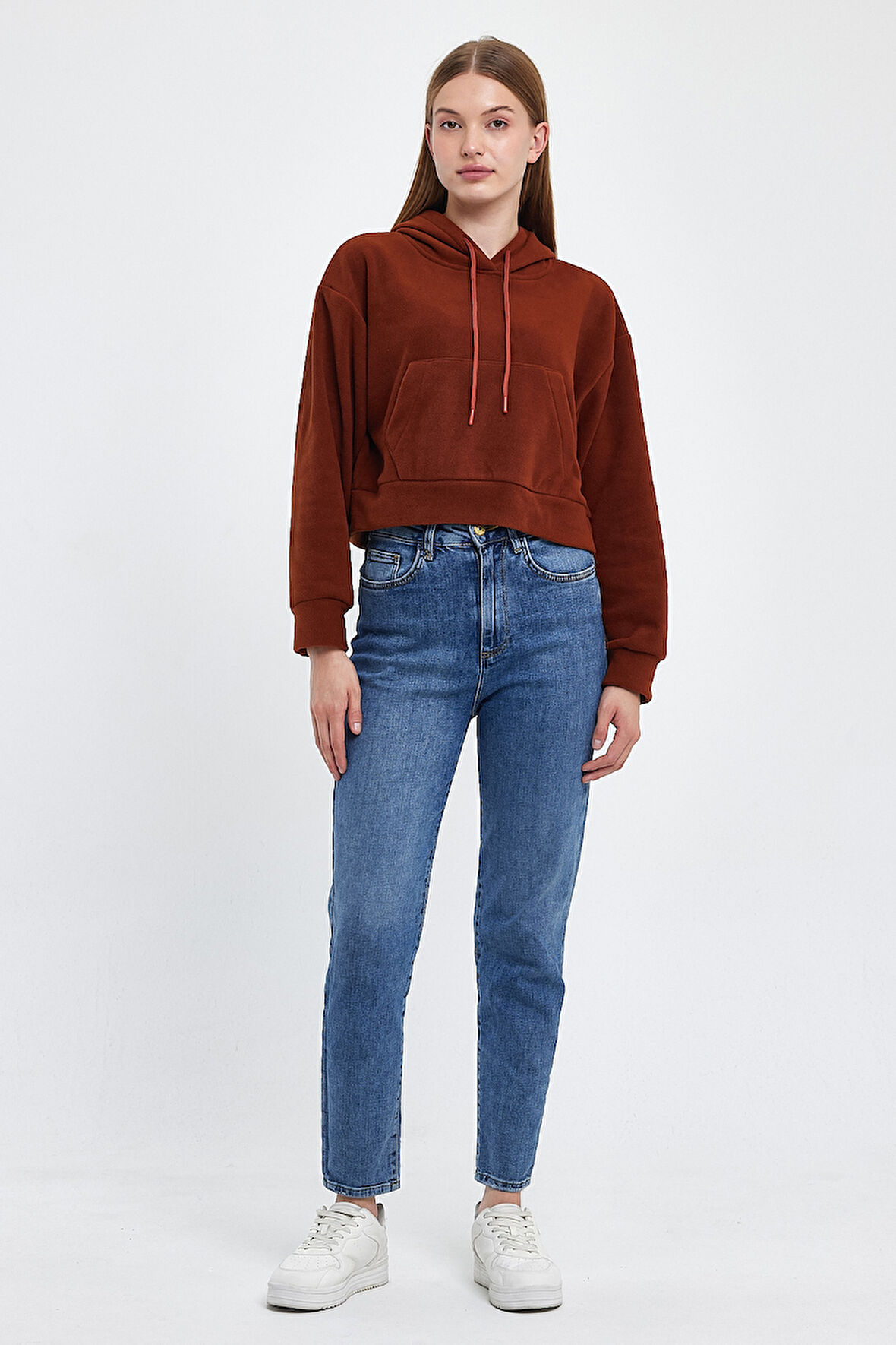 Kadın Rahat Kalıp Softech Polar Kapşonlu Kanguru Cepli Sweatshırt spr24pwk98