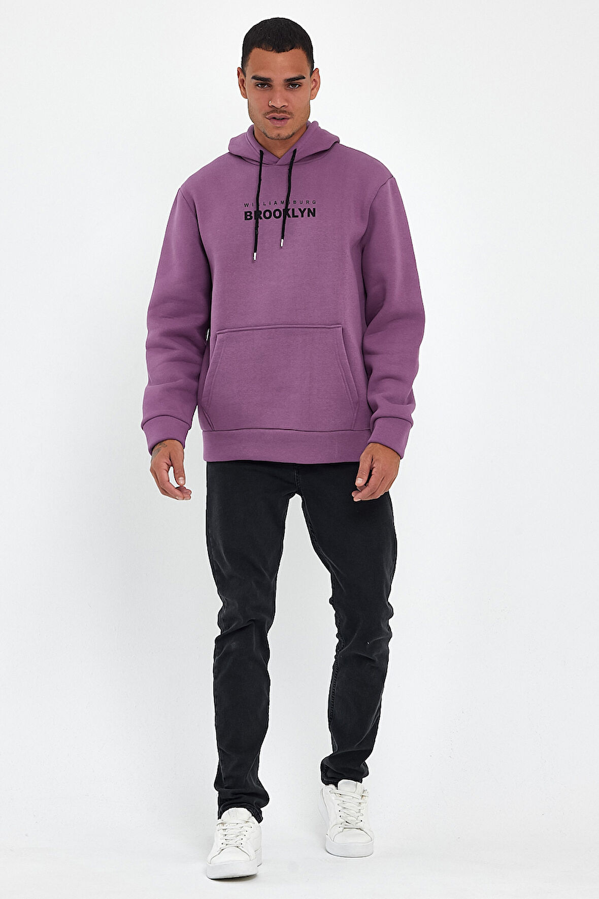 Süperlife Erkek Kapşonlu Rahat Kalıp İçi Polarlı 3 iplik  Wıllamsburg Brooklyn Baskılı Swetashırt spr24sw04