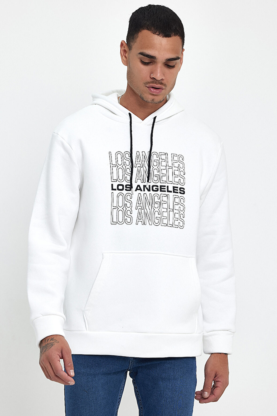 Süperlife Erkek Kapşonlu Rahat Kalıp İçi Polarlı 3 iplik  Los Angeles Baskılı SweatShırt spr24sw10