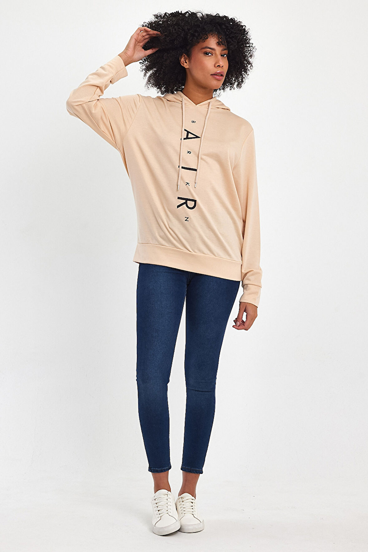 Süperlife Kadın Kapşonlu Oversize Fit Air Baskılı İnce Sweatshırt SPR22SWk162 