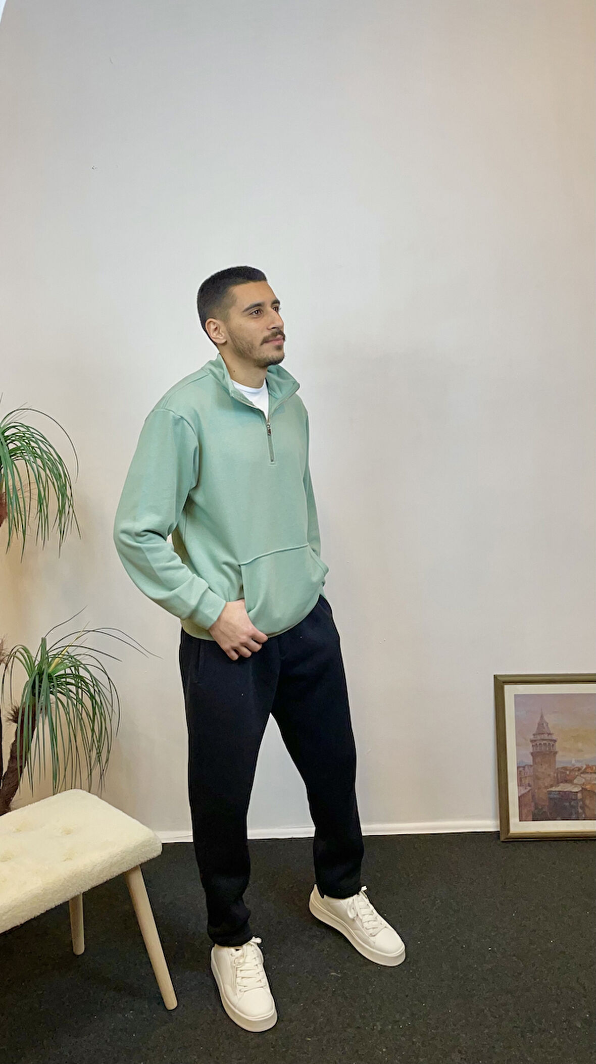 Erkek 3 iplik Yarım Fermuarlı Kanguru Çepli Sweatshırt spr24sw22