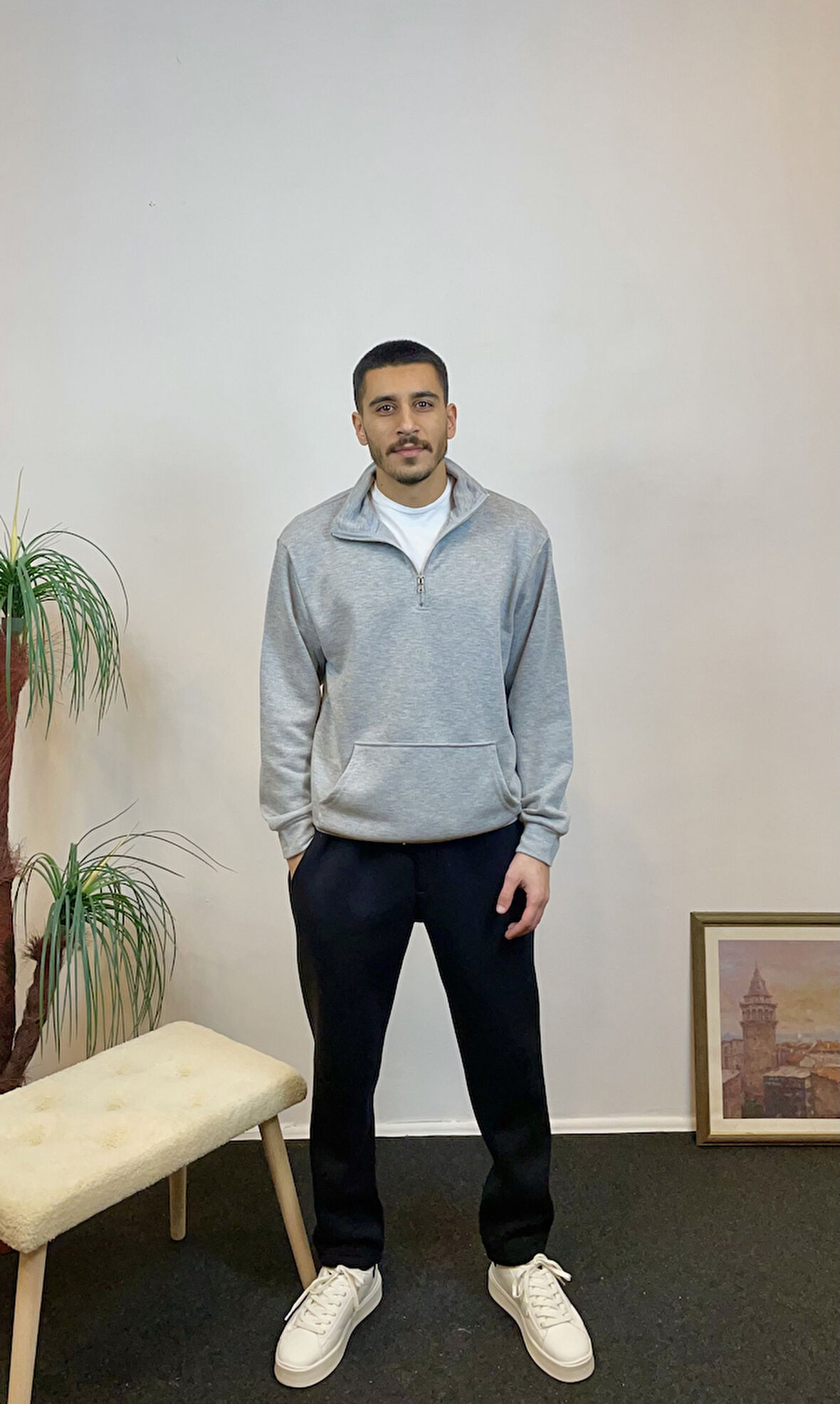 Erkek 3 iplik Yarım Fermuarlı Kanguru Çepli Sweatshırt spr24sw22