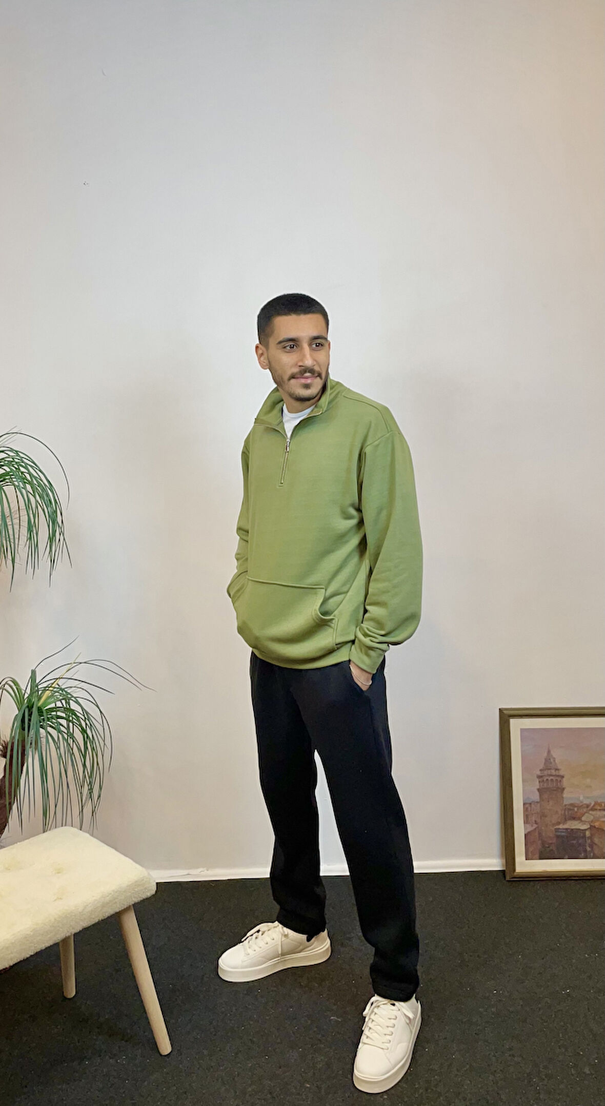 Erkek 3 iplik Yarım Fermuarlı Kanguru Çepli Sweatshırt spr24sw22