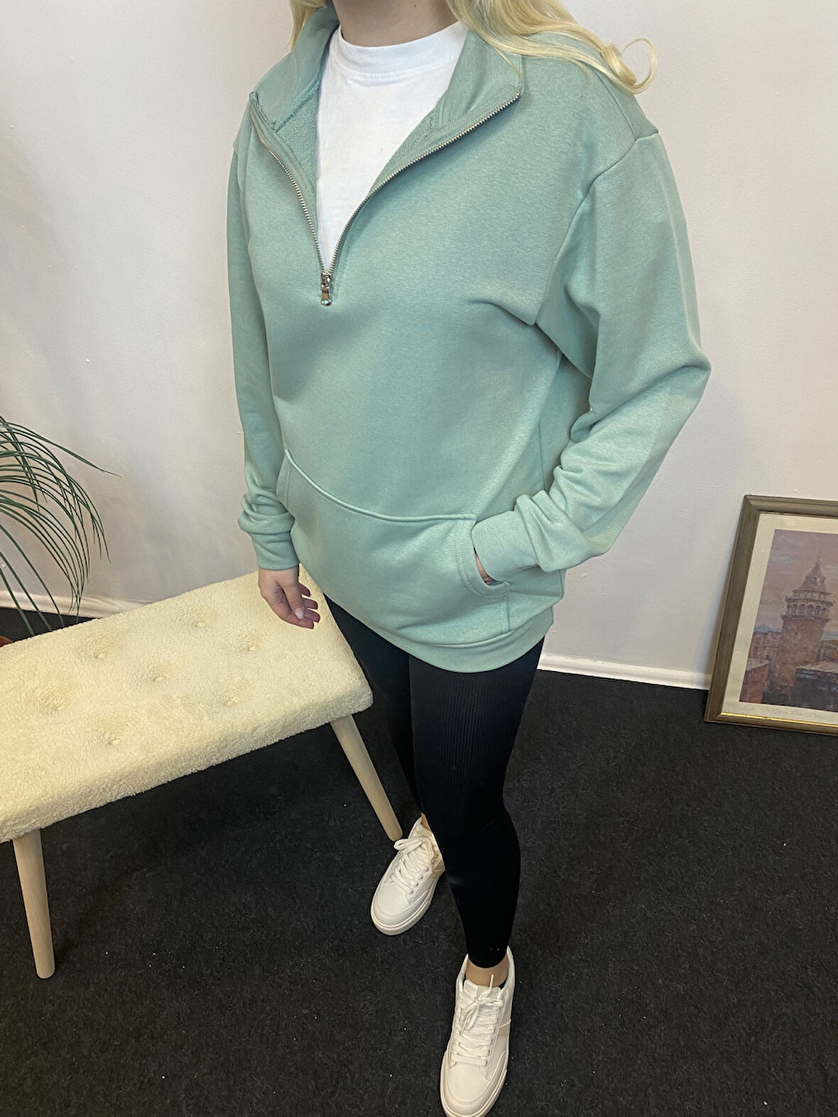 Kadın 3 iplik Yarım Fermuarlı Kanguru Çepli Sweatshırt spr24swk22