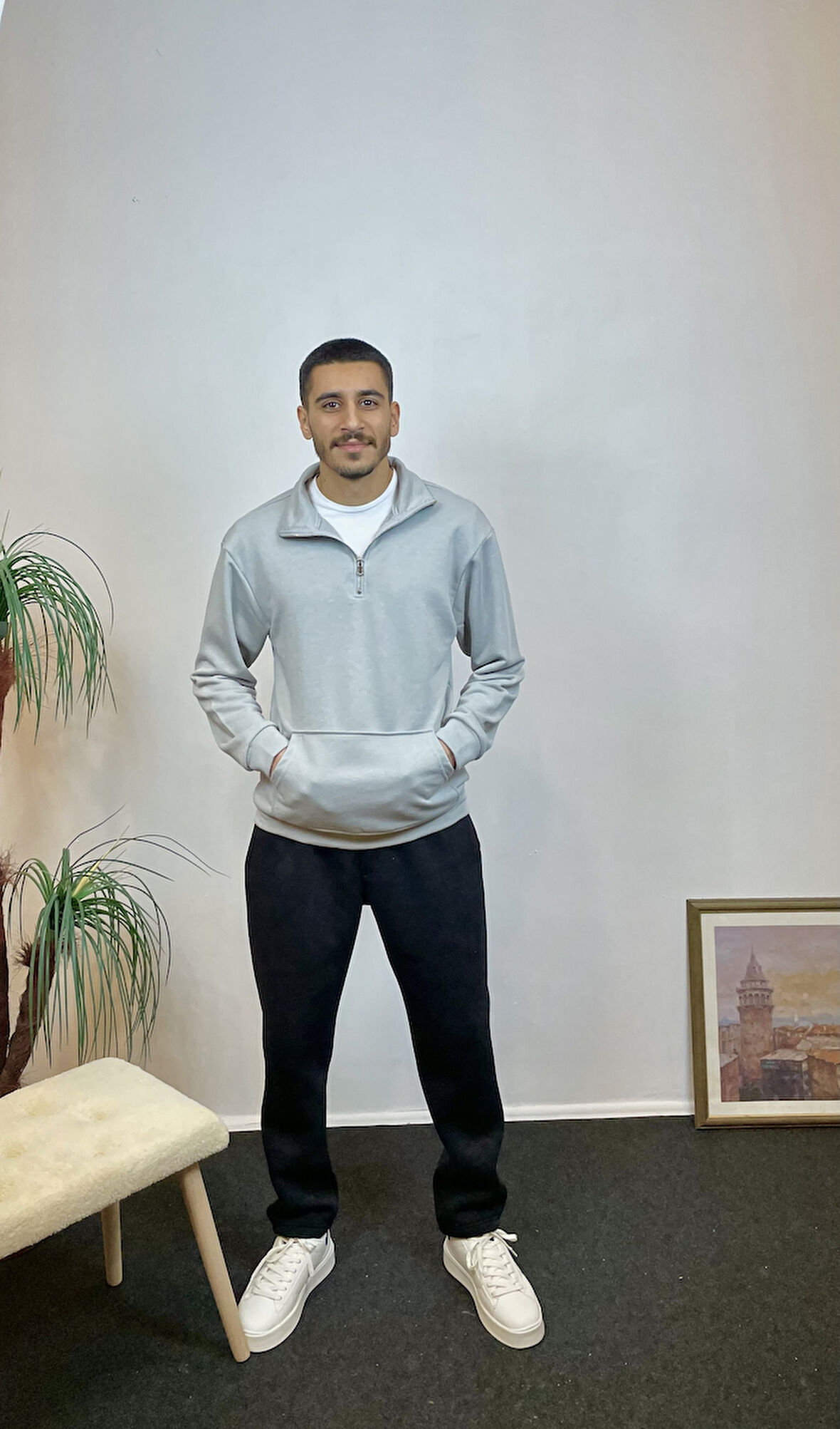 Erkek 3 iplik Yarım Fermuarlı Kanguru Çepli Sweatshırt spr24sw22