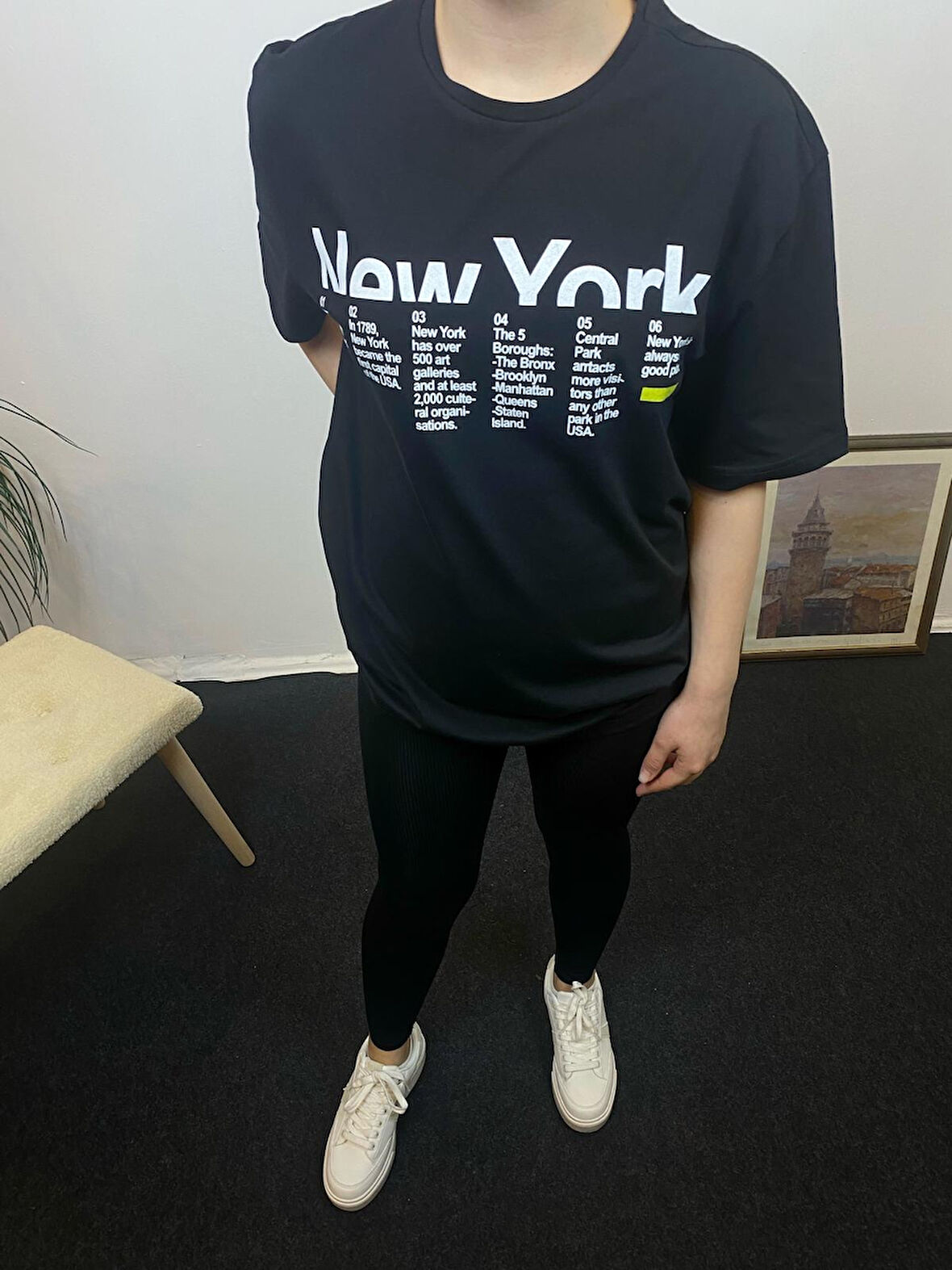 Kadın Bisiklet Yaka Oversize Kalıp New York Baskılı Tişort SPR24TSk112