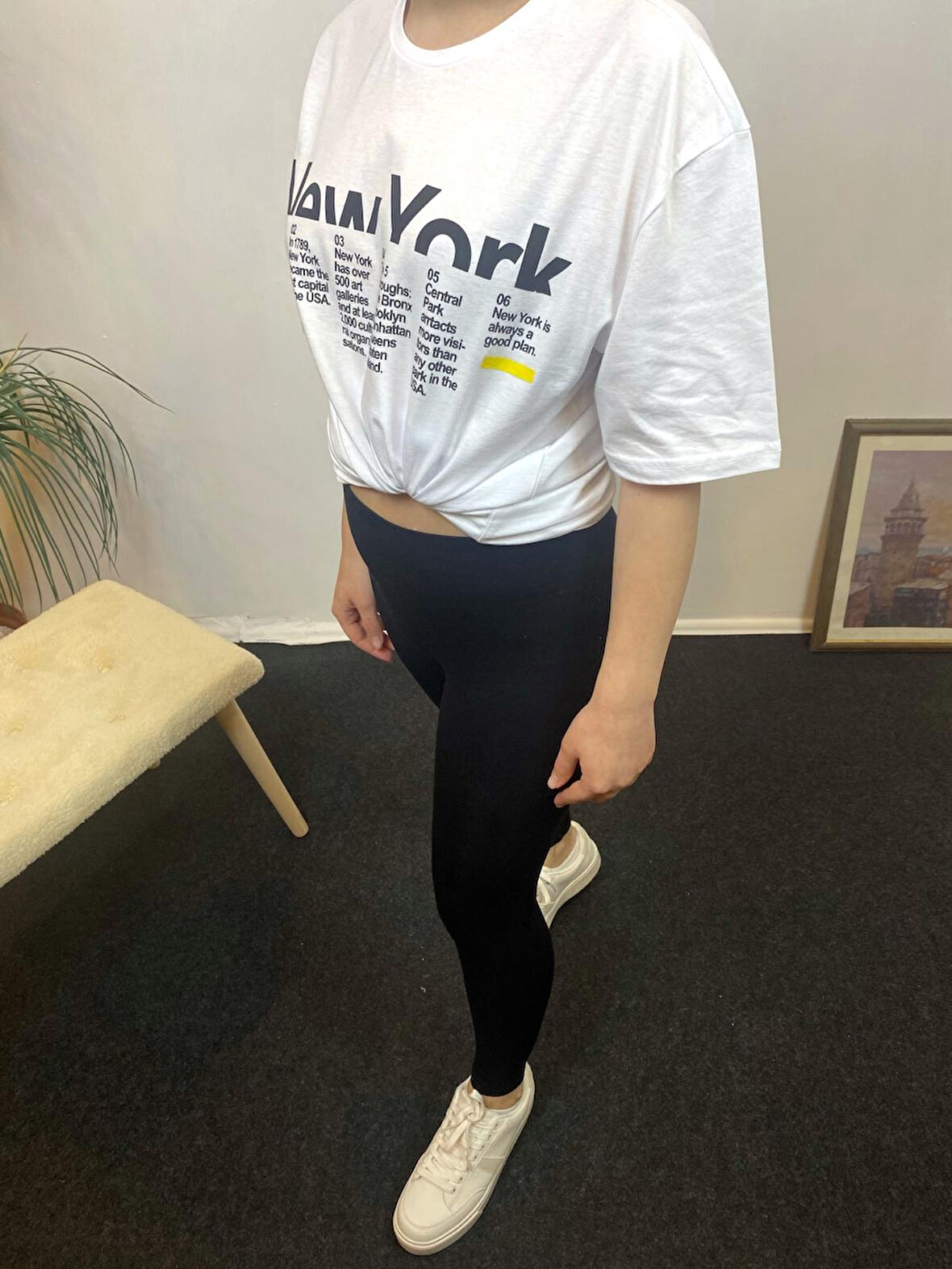 Kadın Bisiklet Yaka Oversize Kalıp New York Baskılı Tişort SPR24TSk112