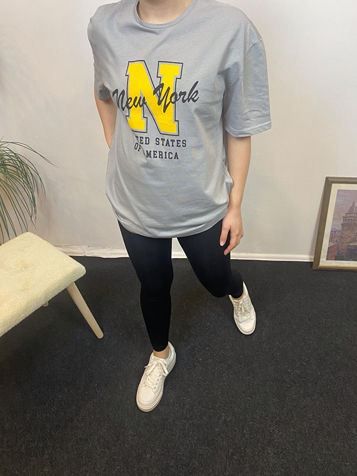 Kadın Bisiklet Yaka Oversize Fit N Baskılı Tişort SPR24TSK113