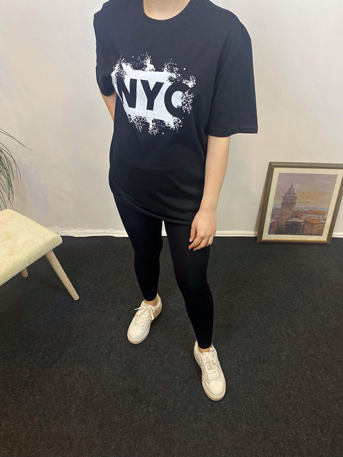 Kadın Bisiklet Yaka Oversize Fit NYC Baskılı Tişort SPR24TSk114