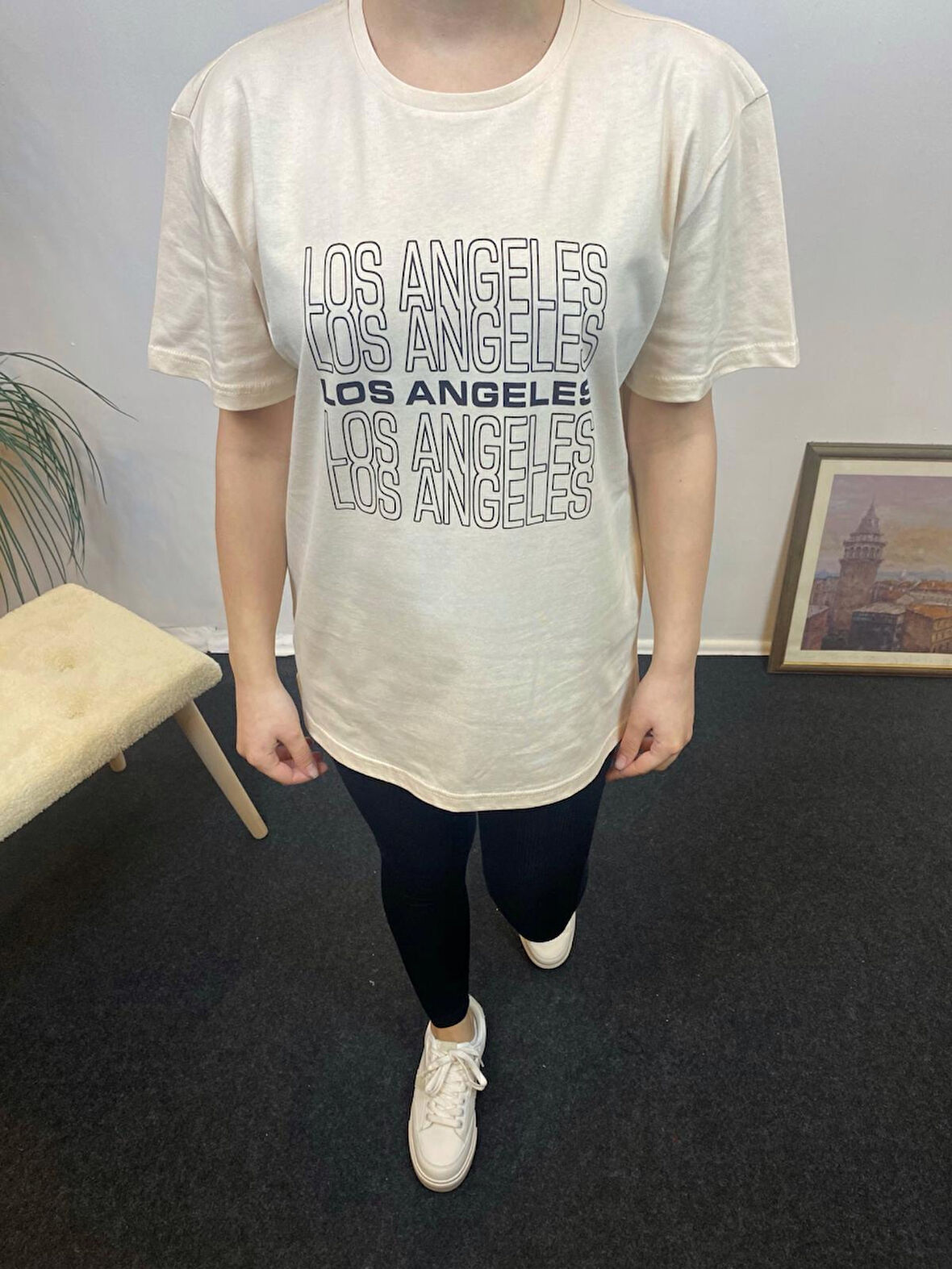 Kadın Bisiklet Yaka Oversize Fit Baskılı Tişort SPR24tsk305