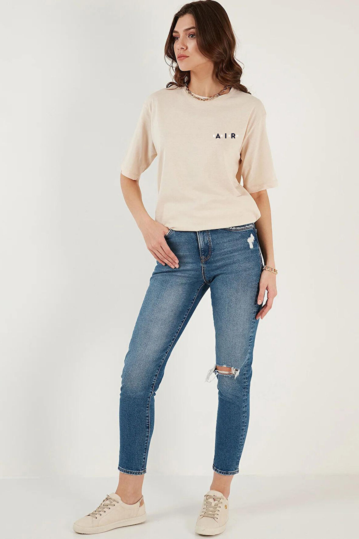 Süperlife Kadın Bisiklet Yaka Regular Fit Baskılı Tişort SPR21YK23