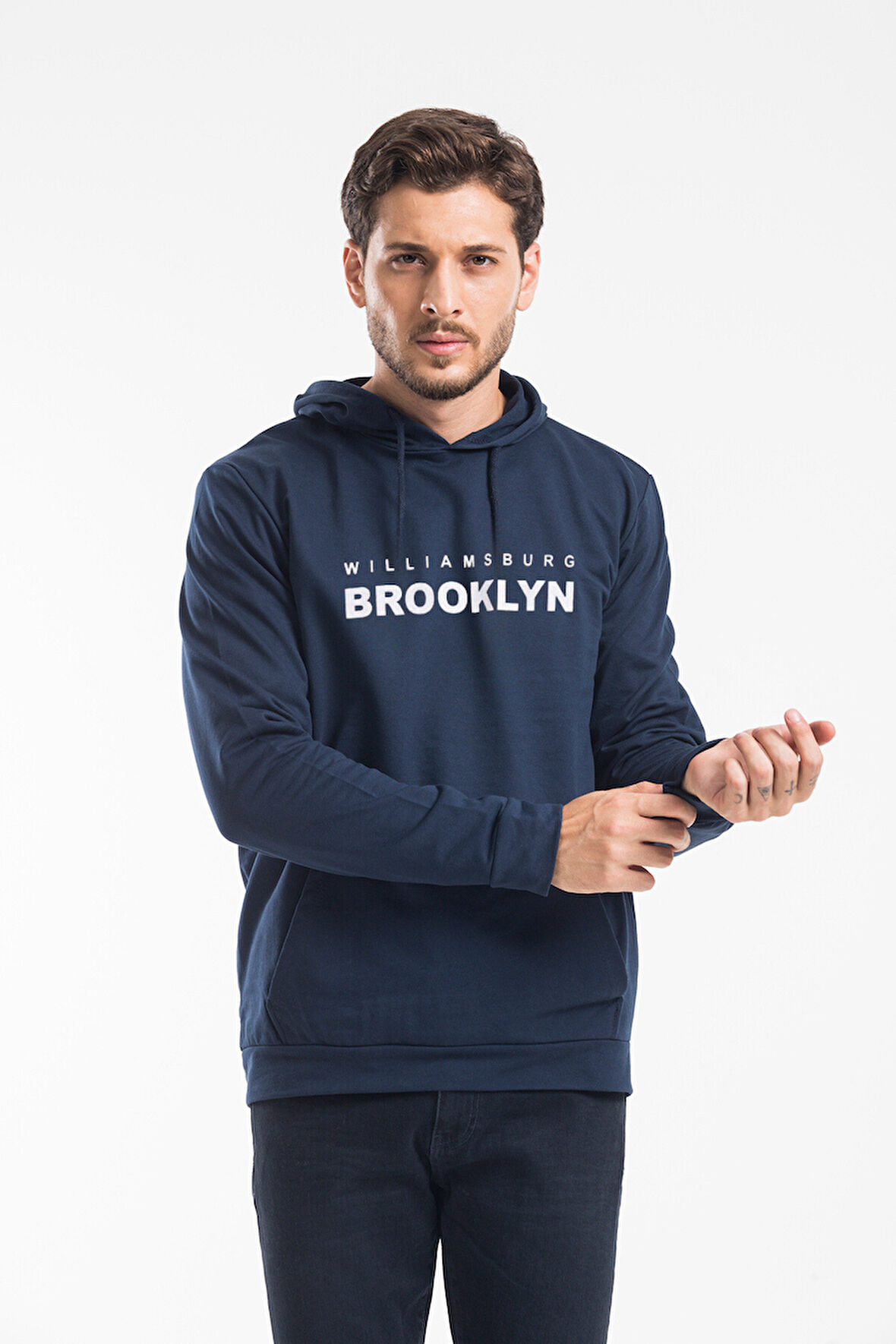 Erkek Kapşonlu Rahat Kalıp İnce Wıllamsburg Brooklyn Baskılı Swetashırt spr24sw123
