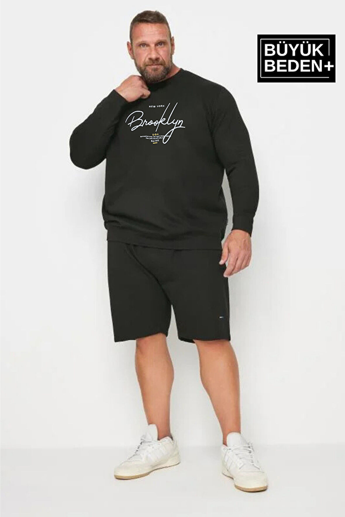 Erkek El Yazılı Brooklyn Baskılı Büyük Beden İnce Bisiklet Yaka Swatshırt SPR25BSW59