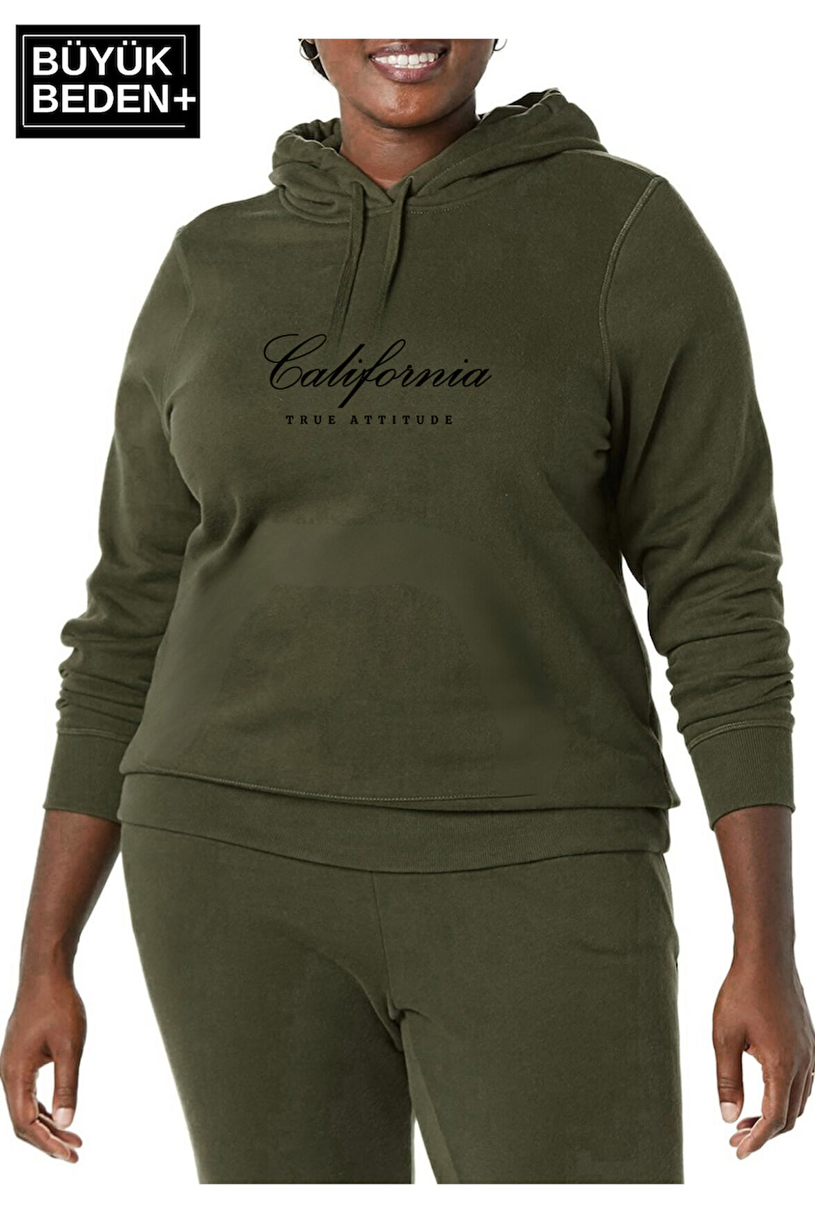 Kadın El Yazılı California Baskılı Büyük Beden İnce Kapşonlu Swatshırt SPR25BSWK62