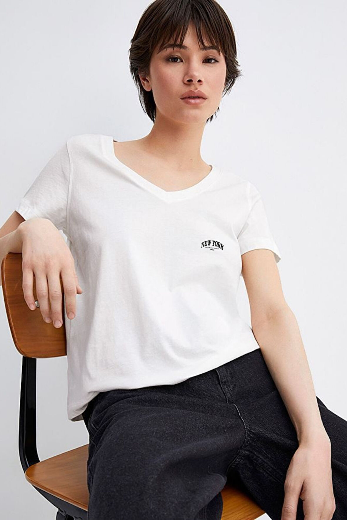 Süperlife Kadın V Yaka New York Tshirt SPR25TSK20