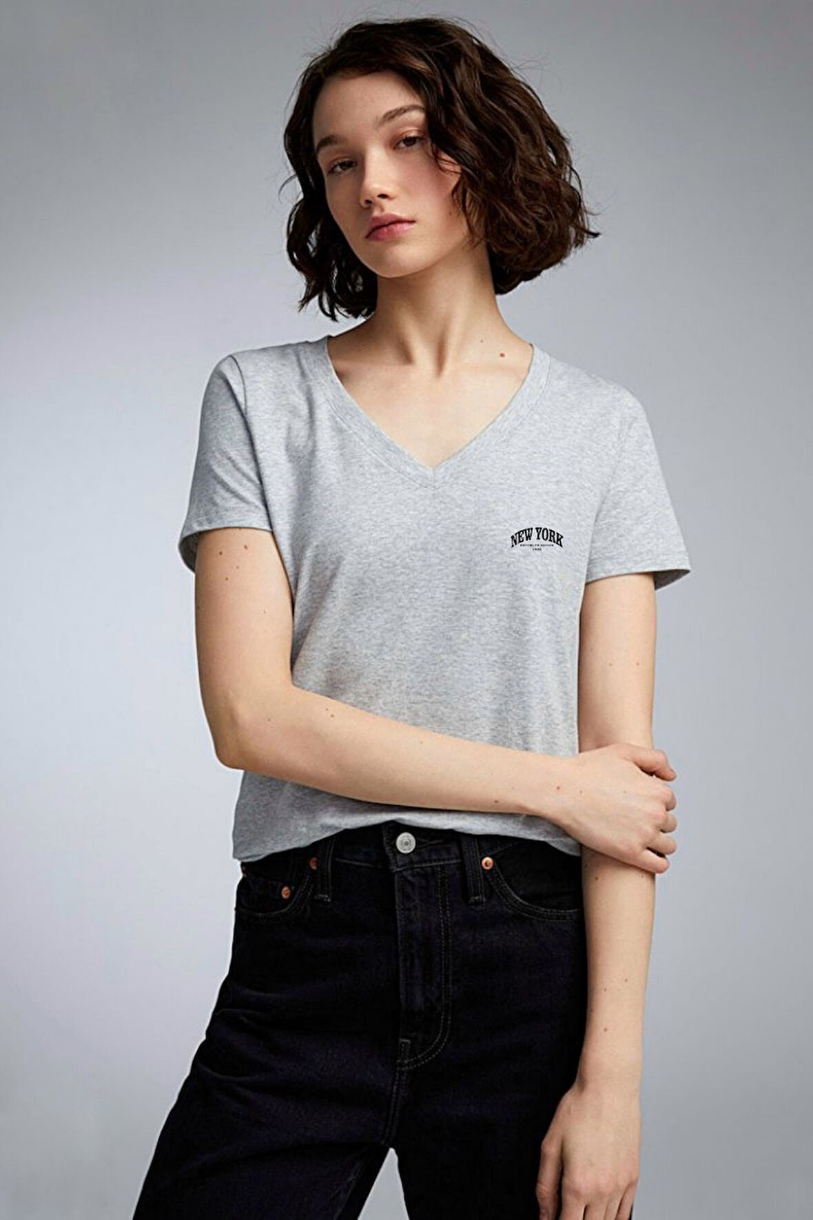 Süperlife Kadın V Yaka New York Tshirt SPR25TSK20