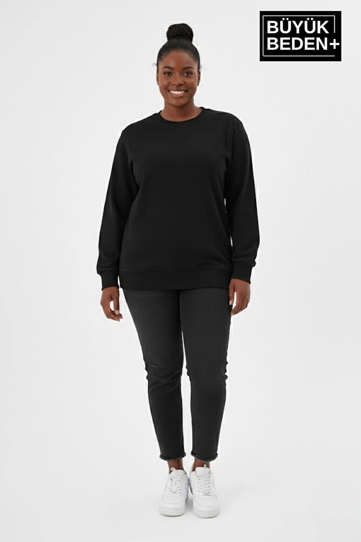 Kadın Büyük Beden Bisiklet Yaka Kollar ve Etek Ribanalı İnce Sweatshirt SPR26BSW956