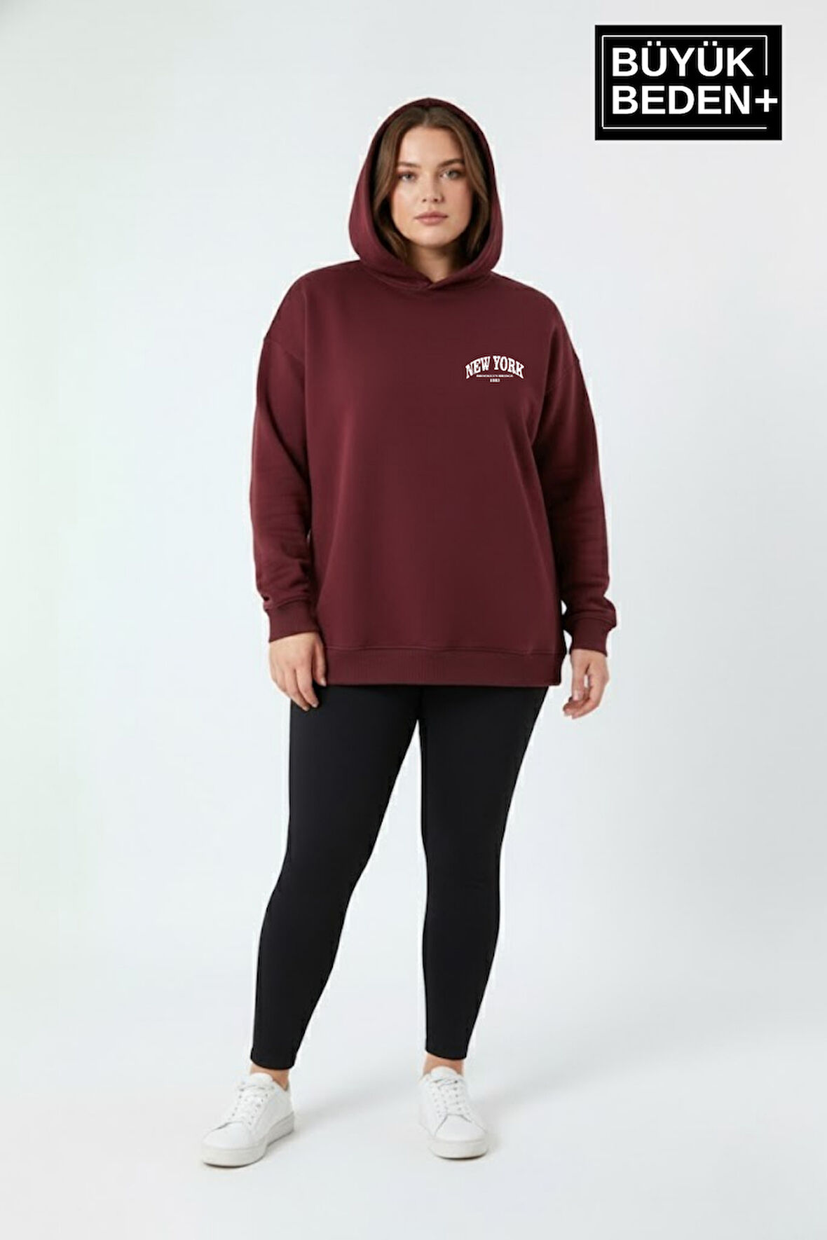Kadın Büyük Beden New York Baskılı Kapüşonlu Sweatshirt SPR26BSWK962
