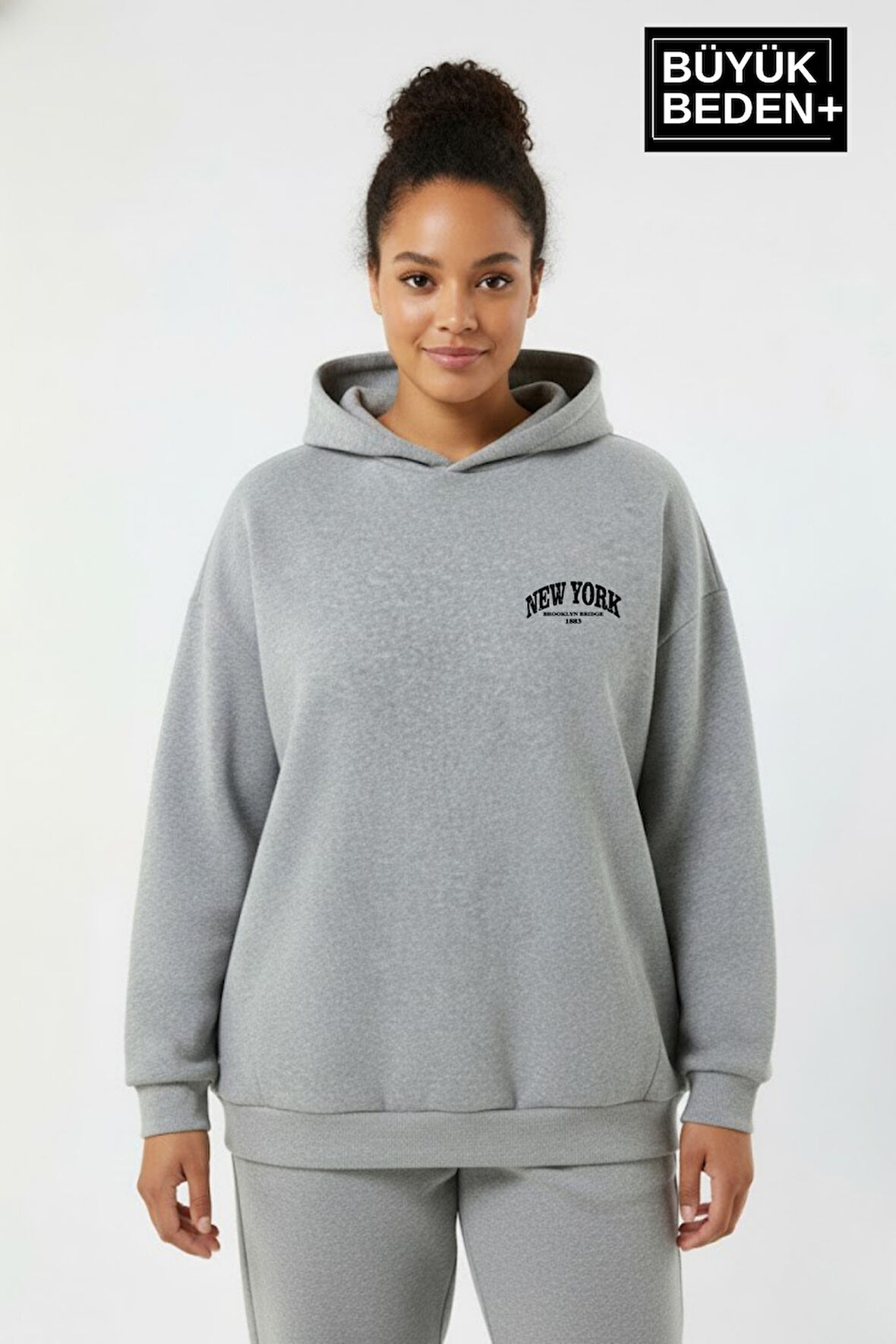 Kadın Büyük Beden New York Baskılı Kapüşonlu Sweatshirt SPR26BSWK962