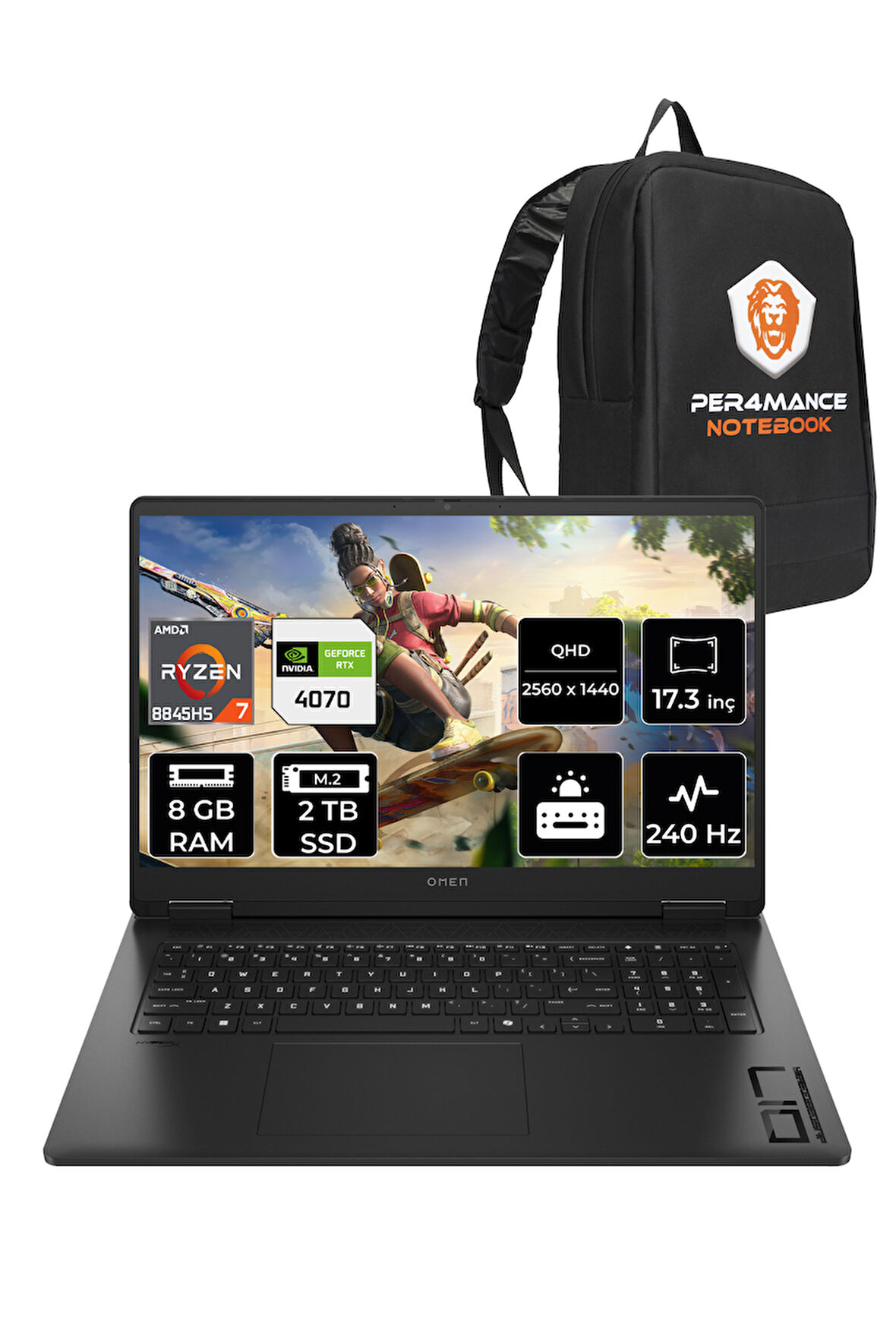HP OMEN 17 R7 8845HS 8GB RAM 2TB SSD RTX4070/8GB 240Hz 17.3'' QHD FDOS Gaming Laptop & PER4 ÇANTA