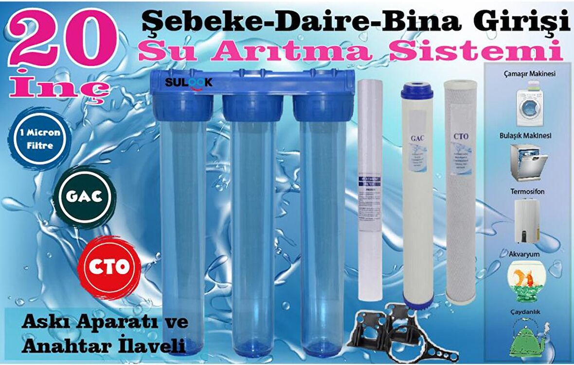 Sulook 20 Inç Bina - Daire- Şebeke Girişi Su Arıtma Filtre Seti Gac-Cto 1 Mic. Filtre