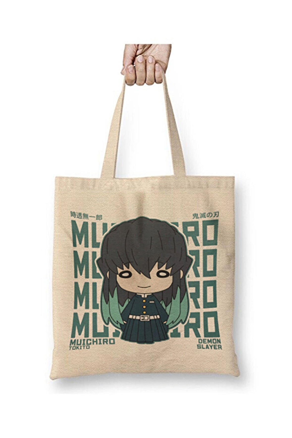 Demon Slayer Muichiro Chibi İblis Keser Beyaz Bez Çanta Uzun Saplı Alışveriş Çantası Plaj Çantası
