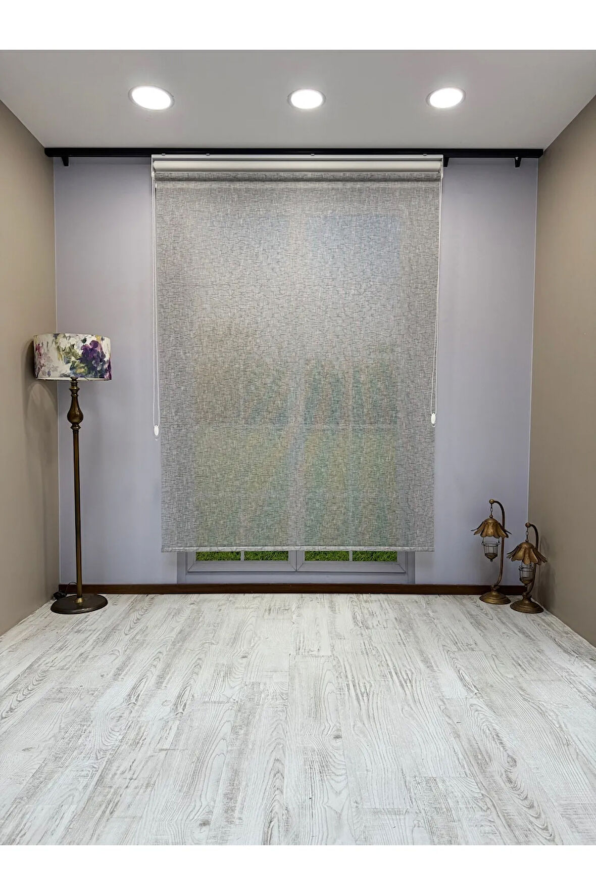 Çift Mekanizmalı Gri Çizgili Desenli Tül ve Beyaz Stor Perde - İthal Mat Polyester