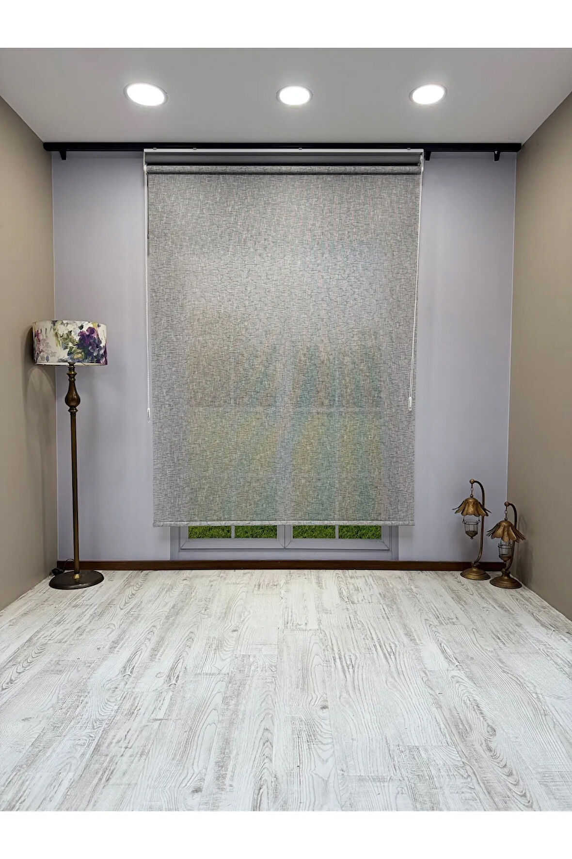 Çift Mekanizmalı Gri Çizgili Desenli Tül ve Gri Stor Perde - İthal Mat Polyester