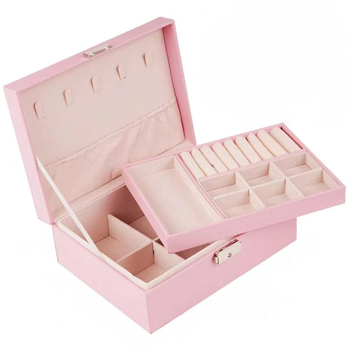 Kilitli Mini Mücevher Takı Kutusu - Sepetli 2 Bölüm Pembe Takı Organizeri