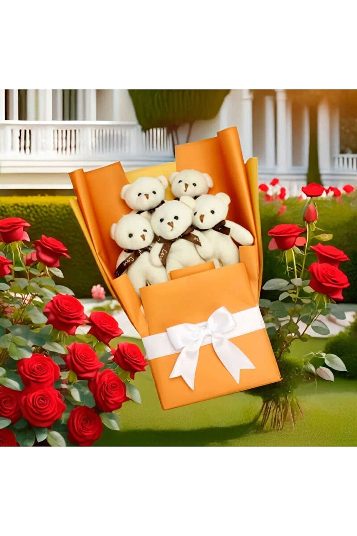 Beyaz Peluş Ayıcık Buketi Turuncu Kare Dekor