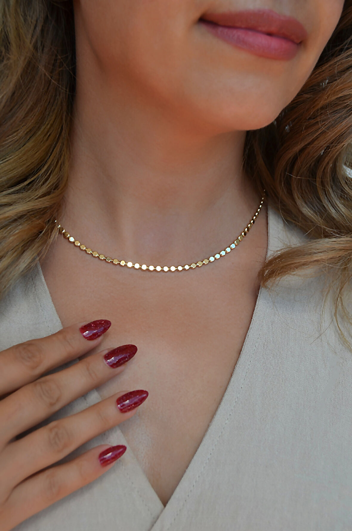 14K Gold Kaplama Ezme Zincir Kolye – Işıltılı Pul Model (45 cm)