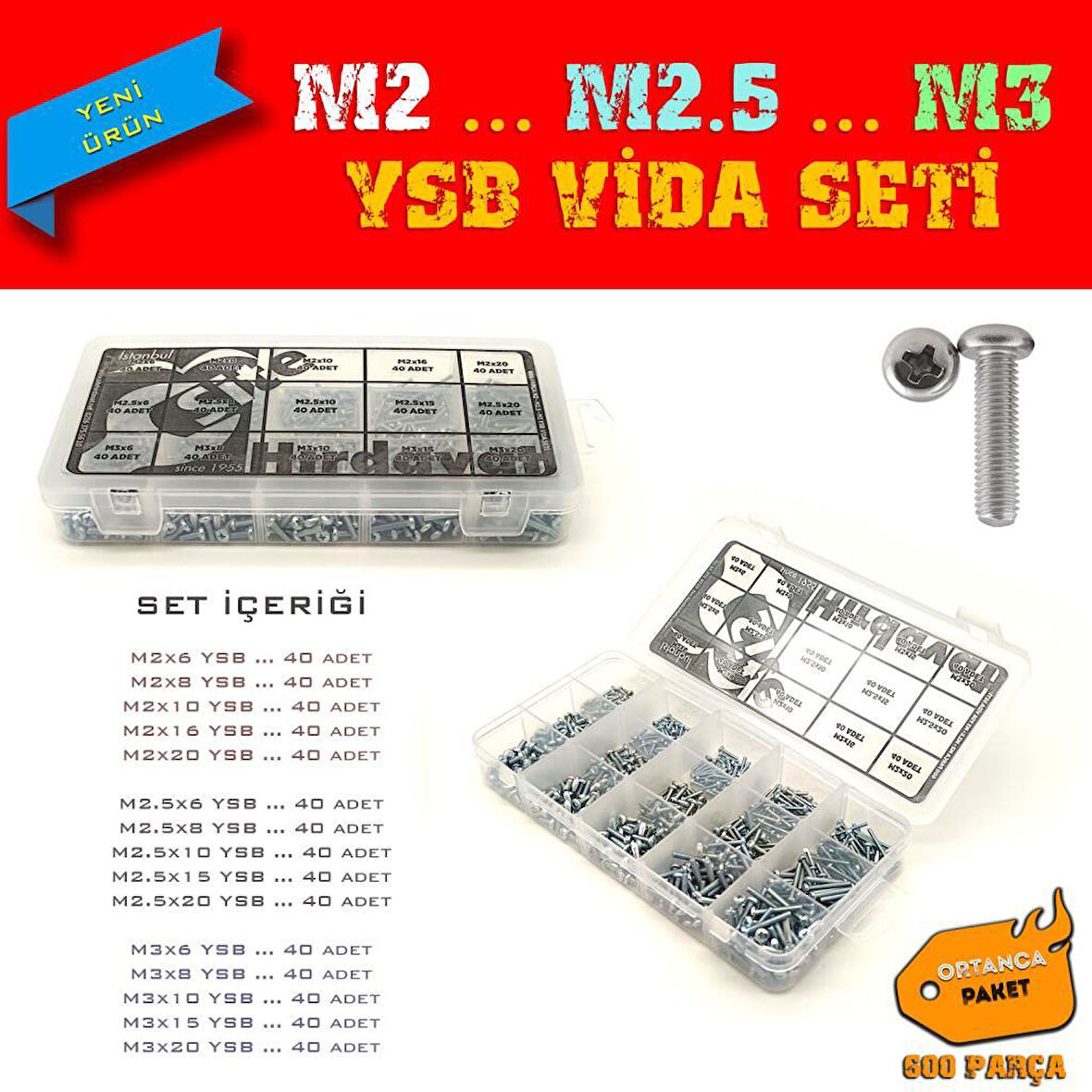 M2 M2.5 M3 YSB Vida Seti, 600 Parça, Ortanca Paket