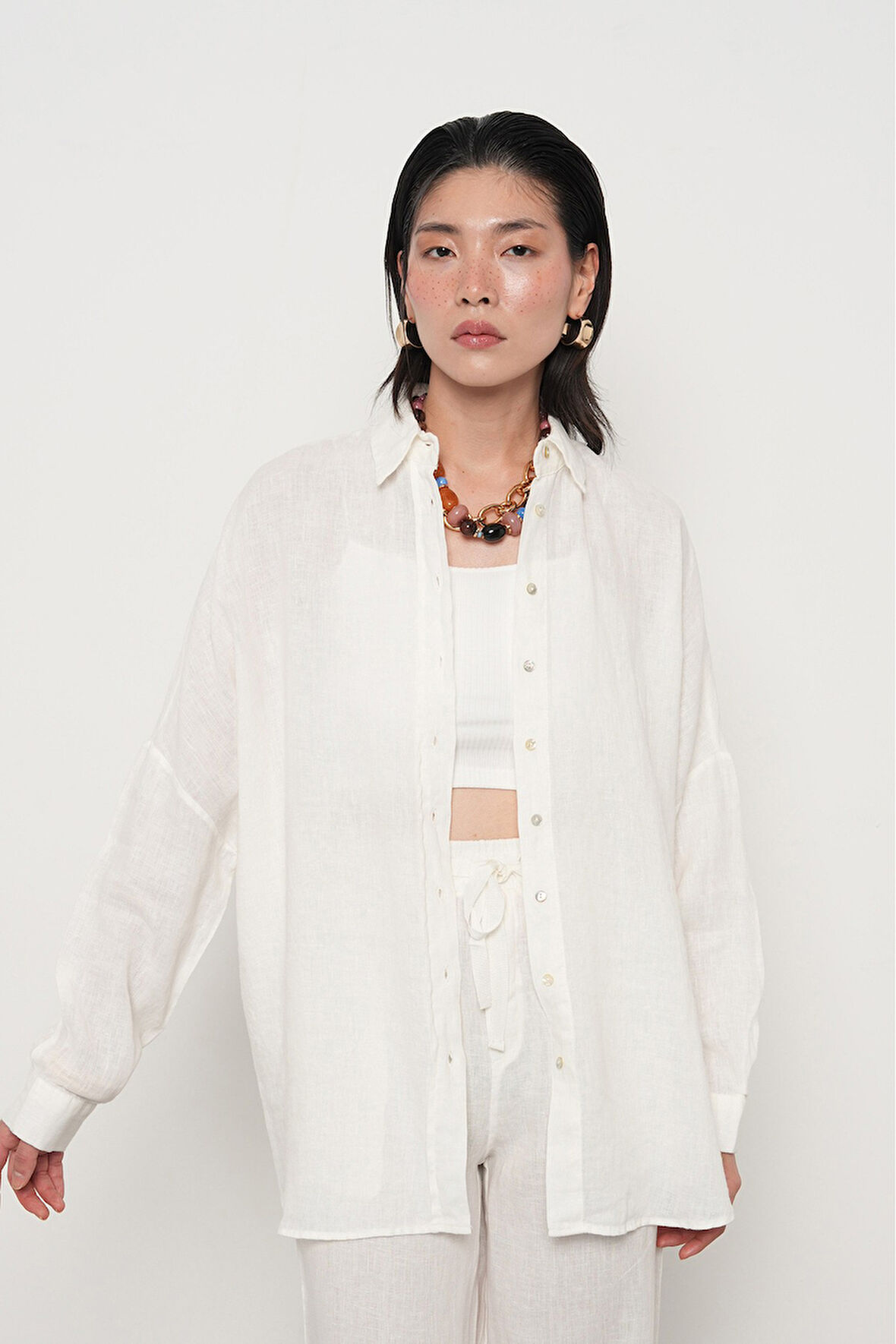 KADIN %100 KETEN YARASA KOL DÜZ OVERSİZE GÖMLEK