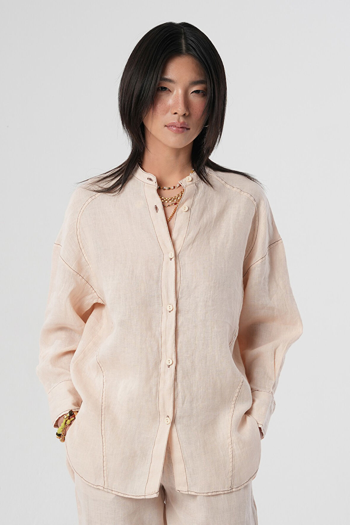 KADIN %100 KETEN HAKİM YAKA İP DETAYLI GÖMLEK