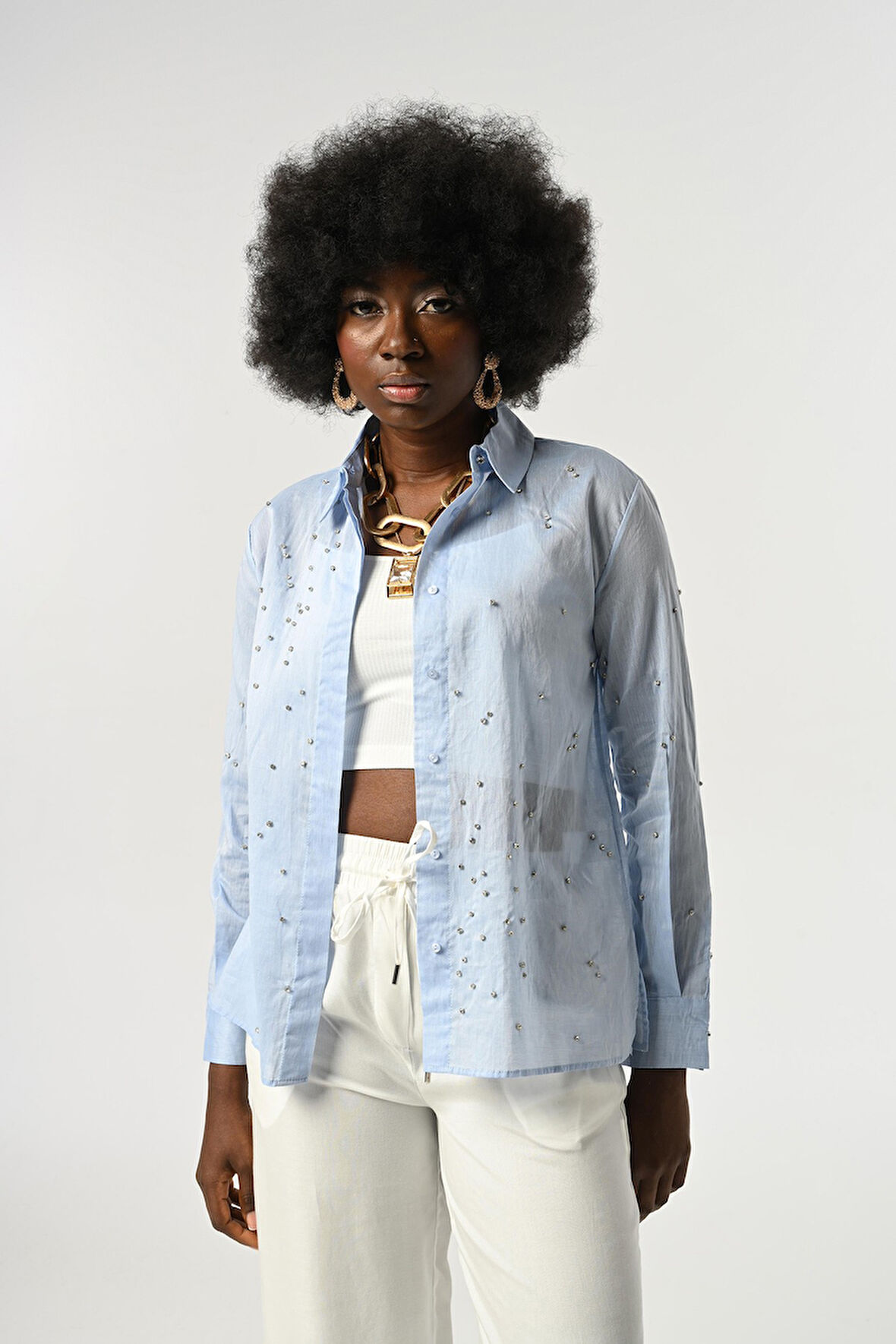 KADIN TAŞ İŞLEMELİ İNCE GÖMLEK