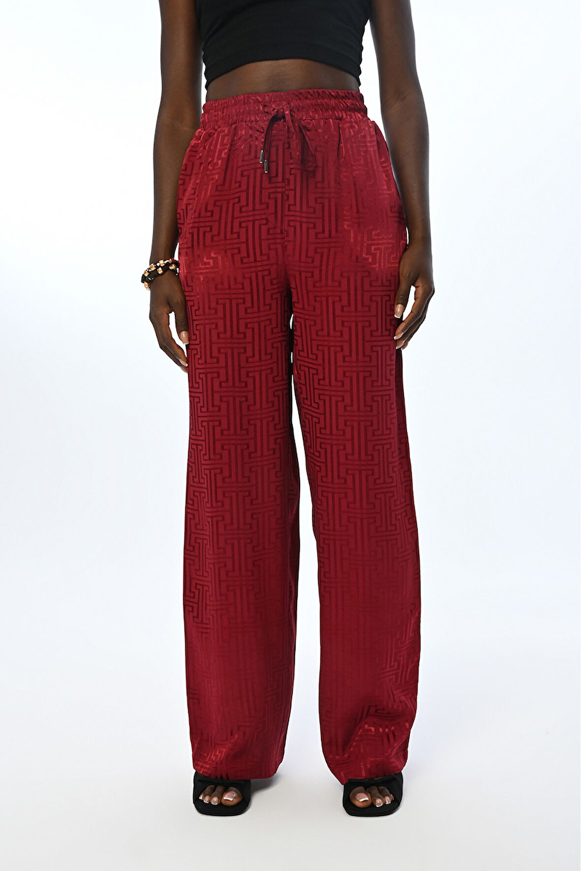 KADIN BELİ LASTİKLİ BOL PAÇA BORDO RENK DESENLİ PANTOLON