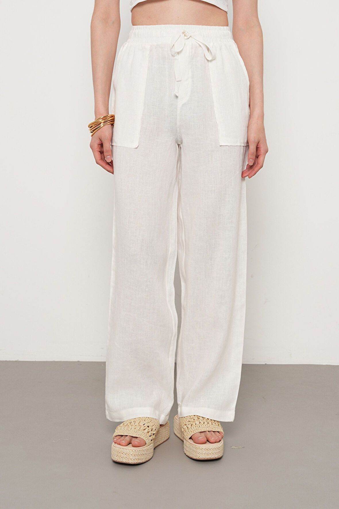 KADIN %100 KETEN CEP DETAYLI BOL PAÇA PANTOLON