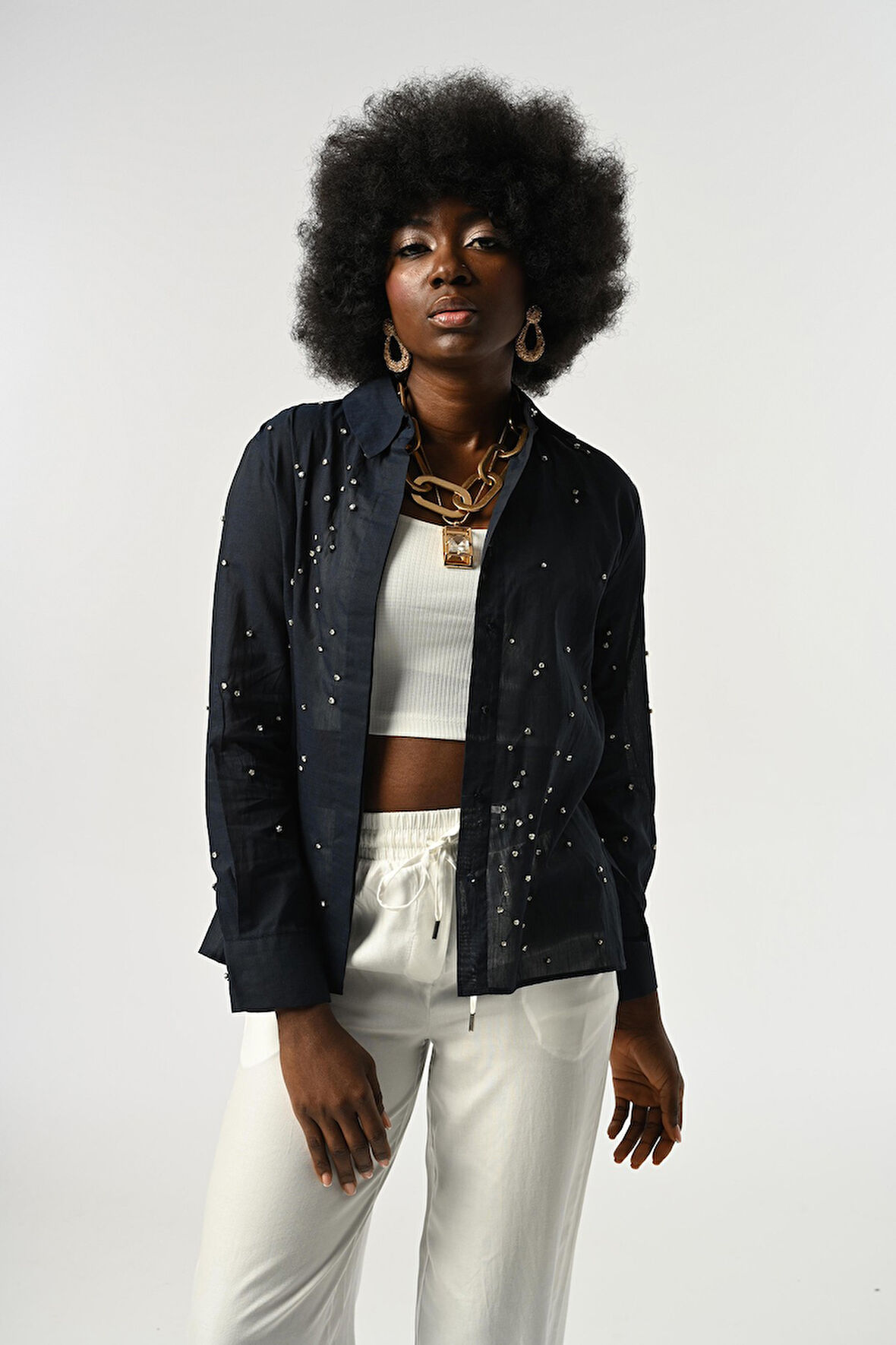 KADIN TAŞ İŞLEMELİ İNCE GÖMLEK