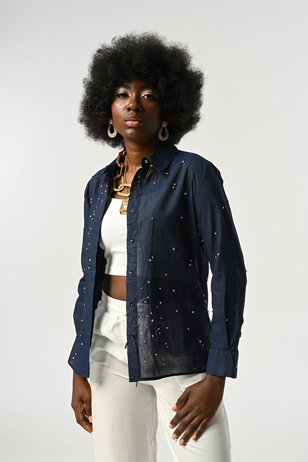 KADIN TAŞ İŞLEMELİ İNCE GÖMLEK