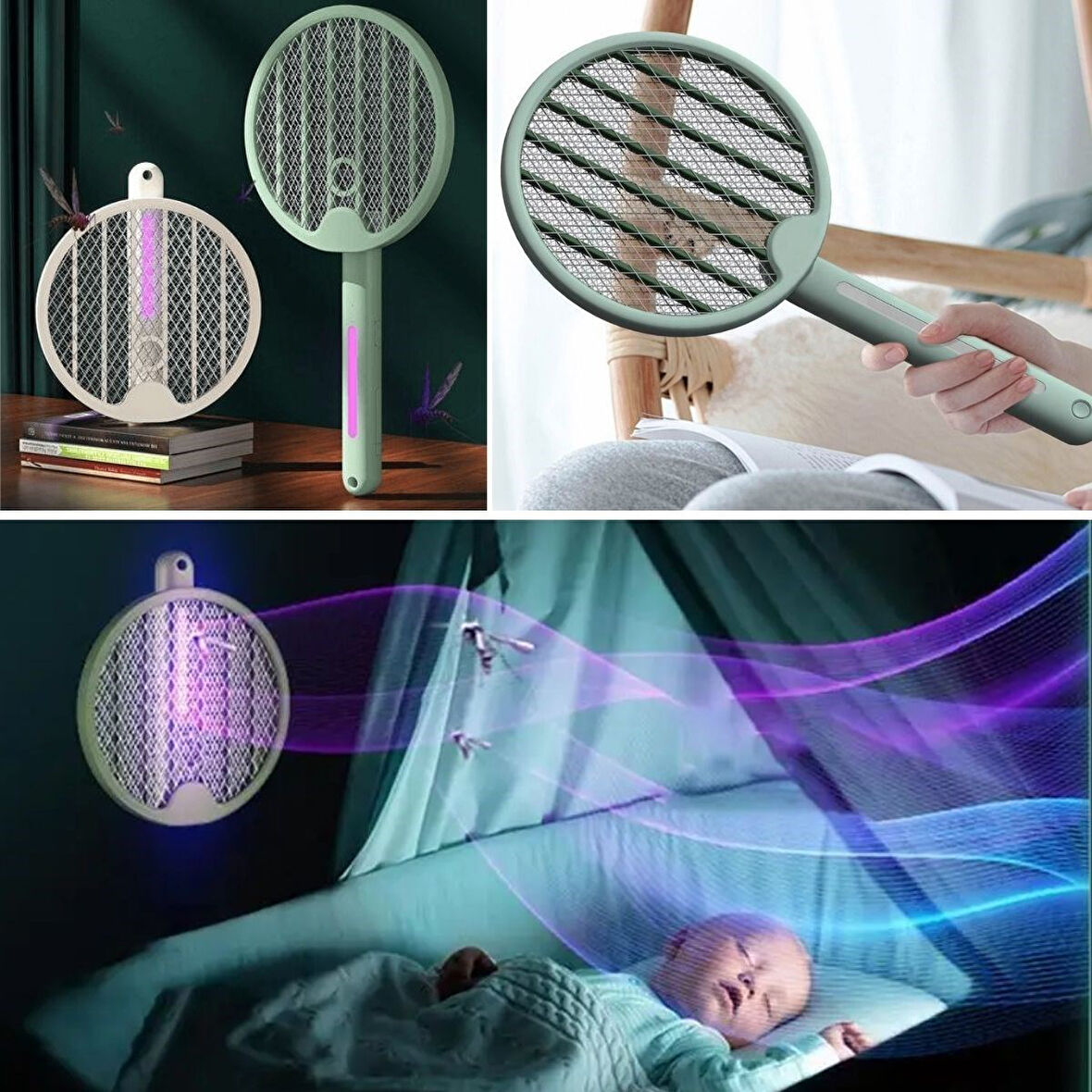 caselka® Tenis Raketi Tipi Masaüstü Olabilen Gece Lambalı Sinek Kovucu,Öldürücü Raket