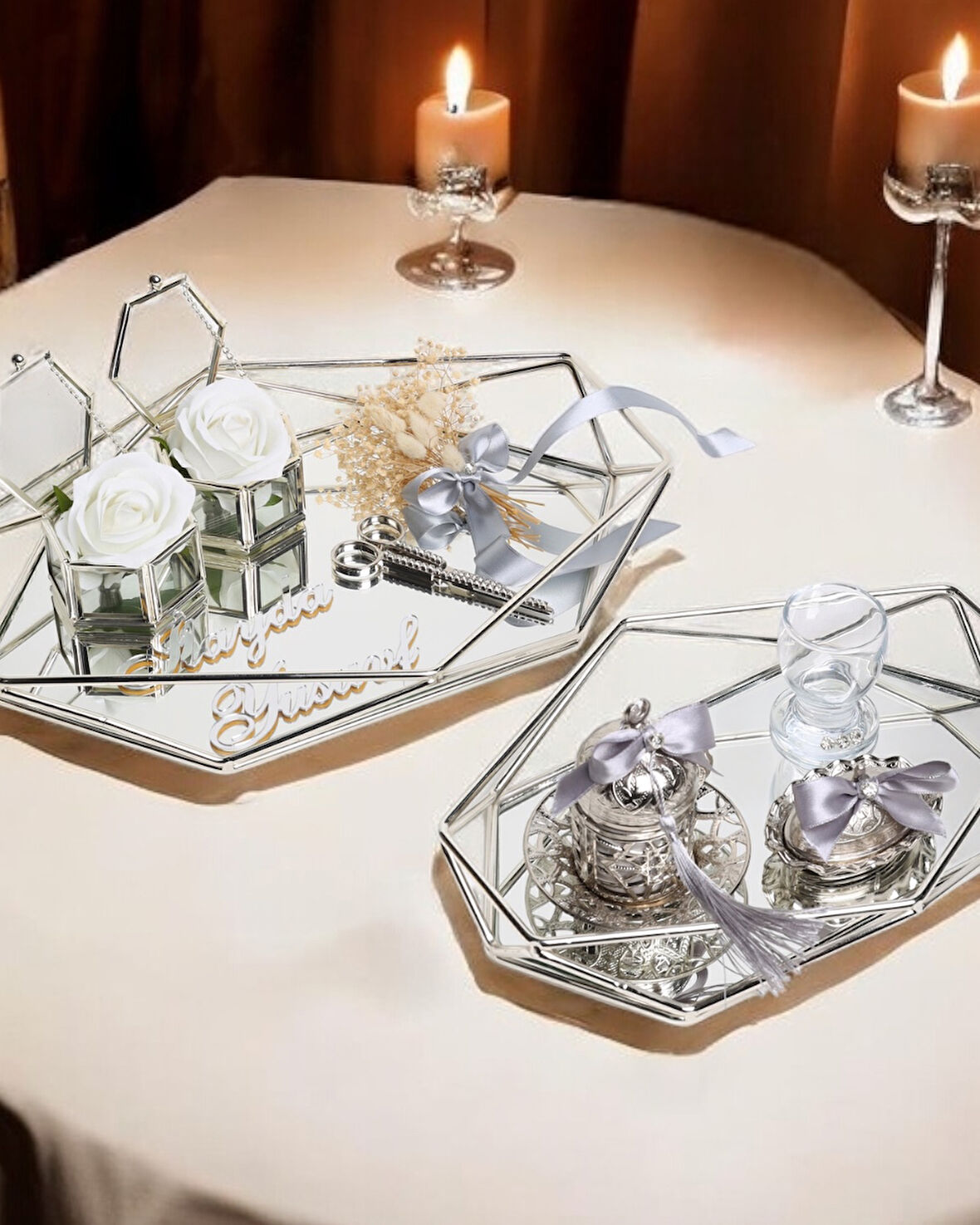  Elation Gümüş Prizma Söz Nişan Tepsisi ve Damat Kahve Fincan Tepsisi